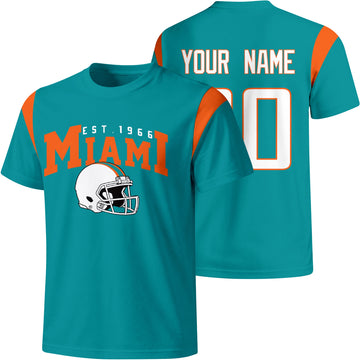 Miami personalized varsity football T shirt in Aqua showing front helmet design and back custom name and number