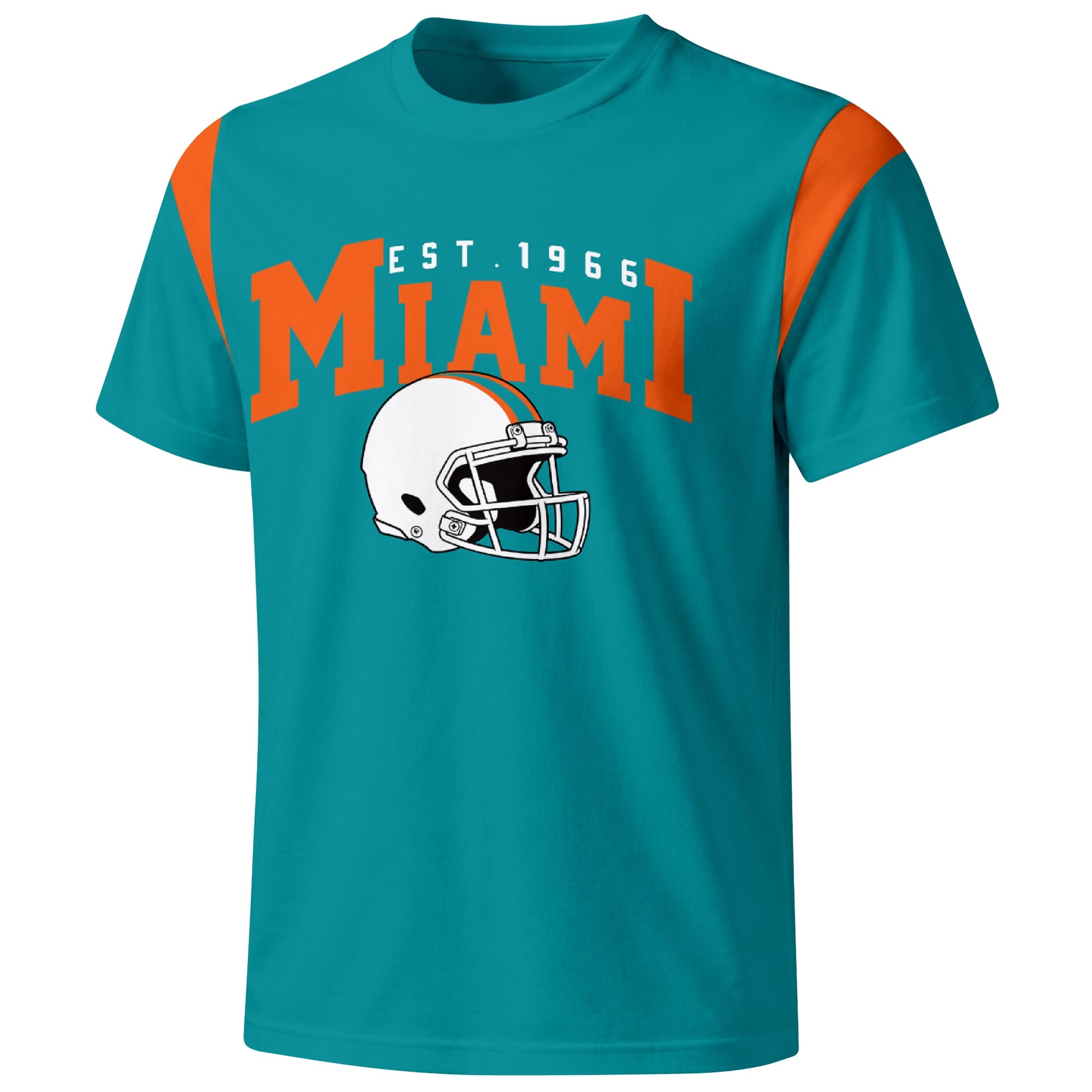 Miami varsity football T shirt in Aqua showing the front city helmet design and contrast shoulder panels