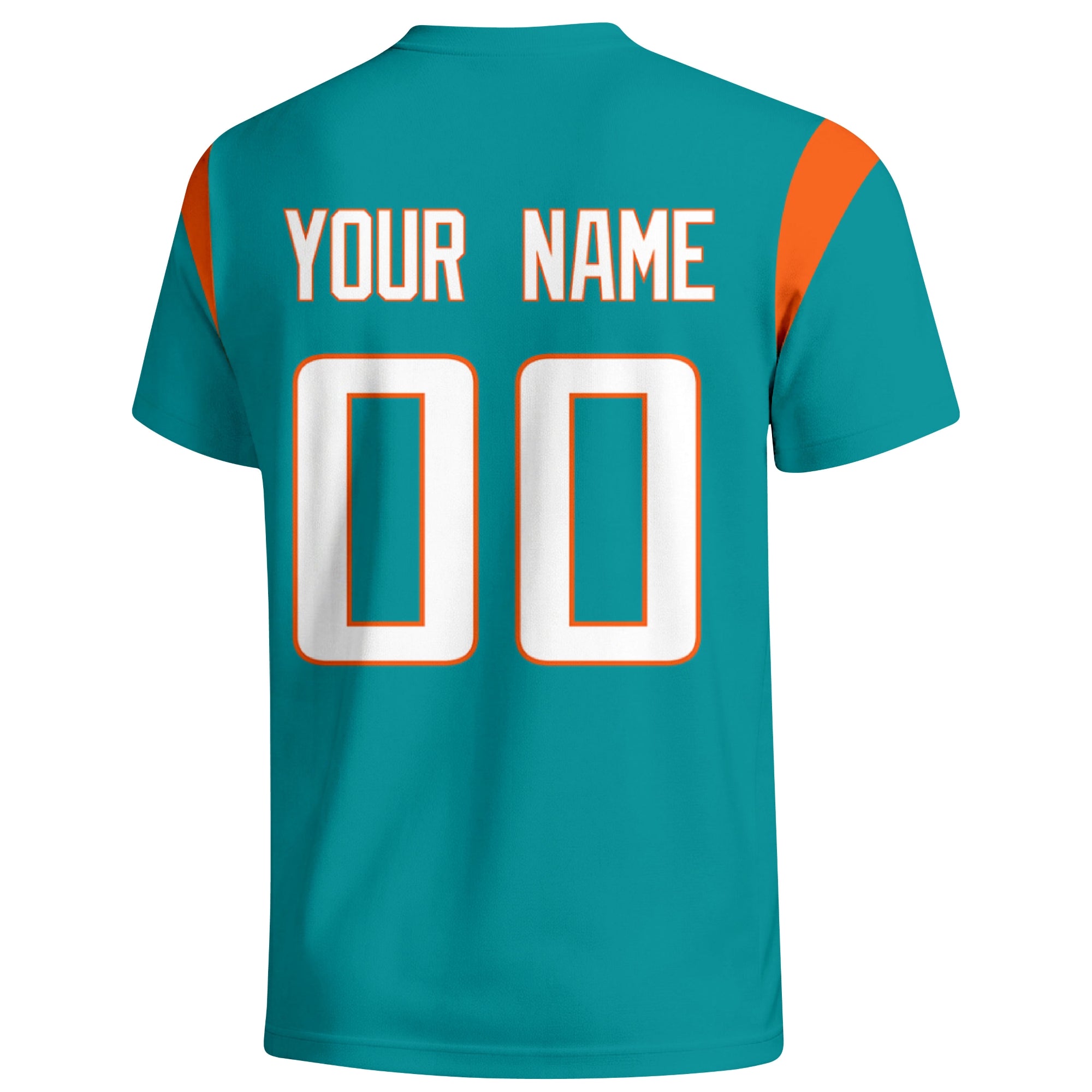 Miami personalized varsity football T shirt in Aqua showing the back custom name and number