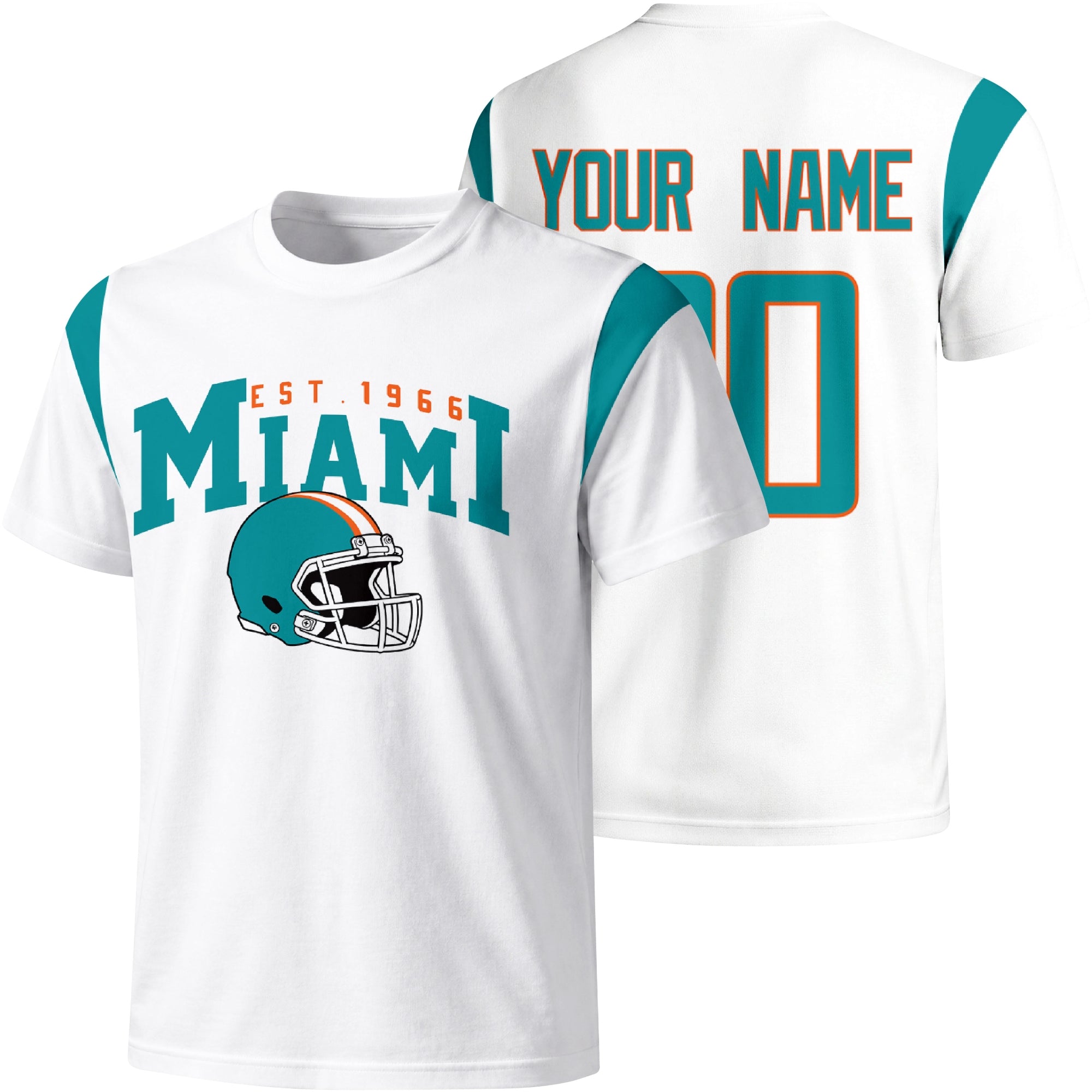 Miami personalized varsity football T shirt in White showing front helmet design and back custom name and number
