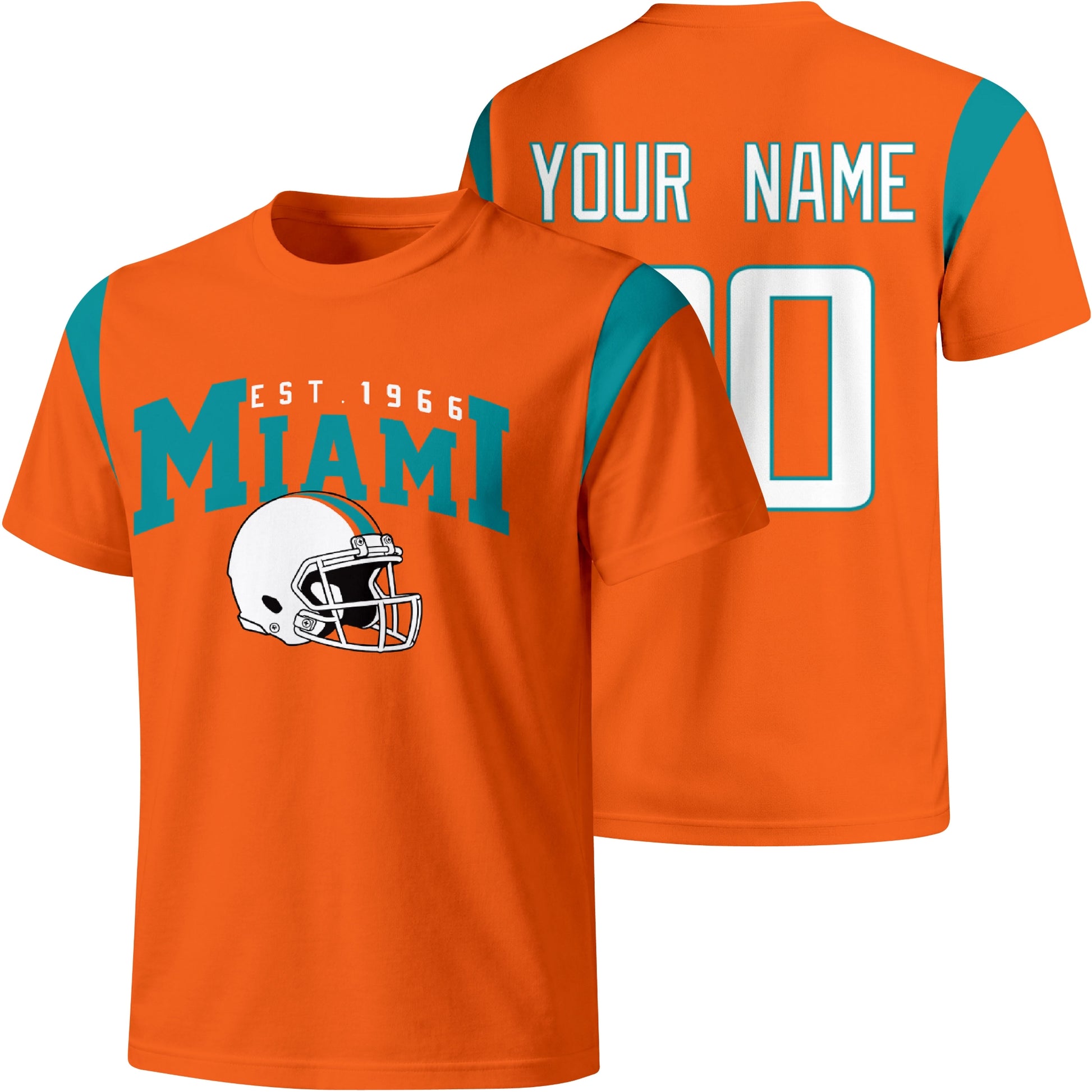 Miami personalized varsity football T shirt in Orange showing front helmet design and back custom name and number