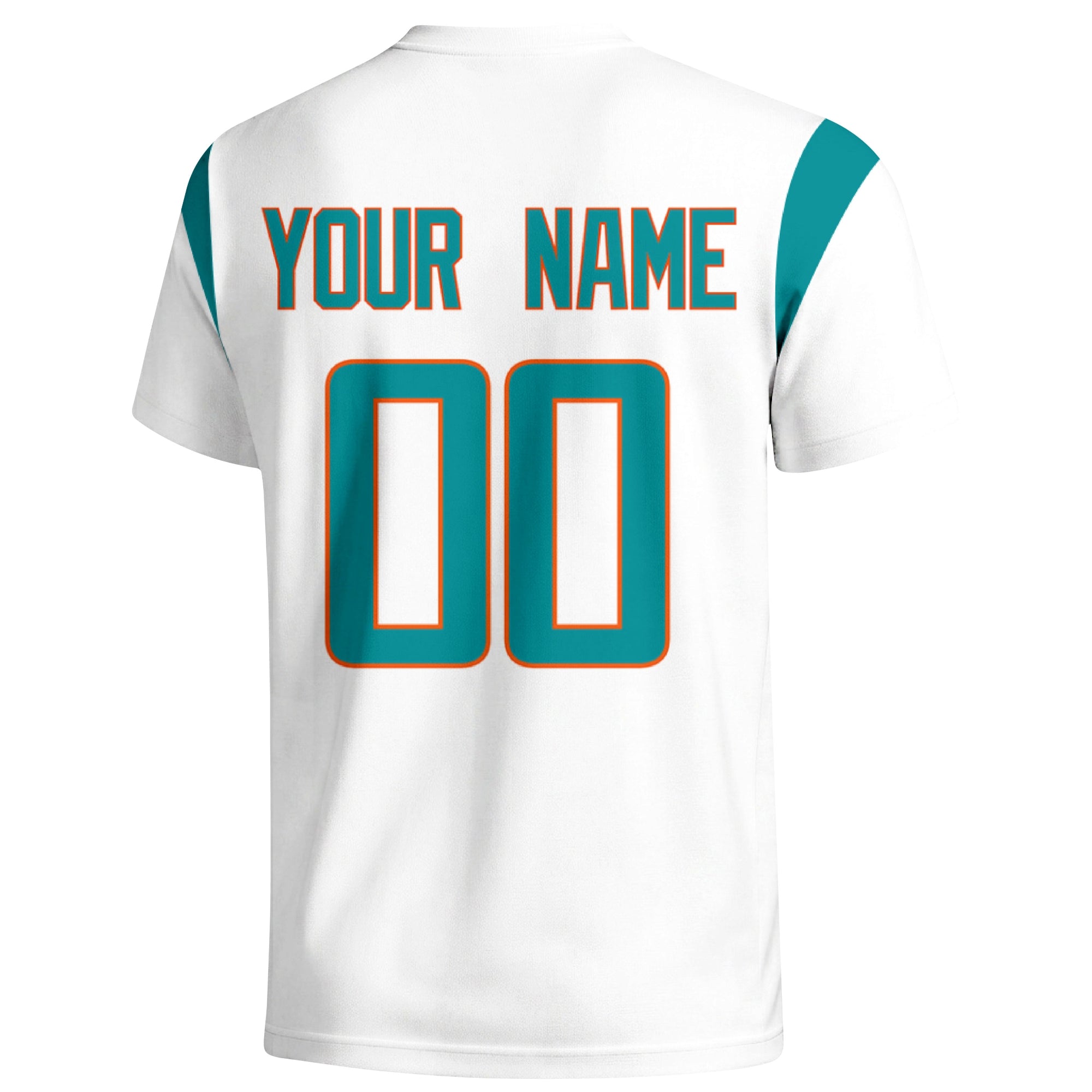 Miami personalized varsity football T shirt in White showing the back custom name and number