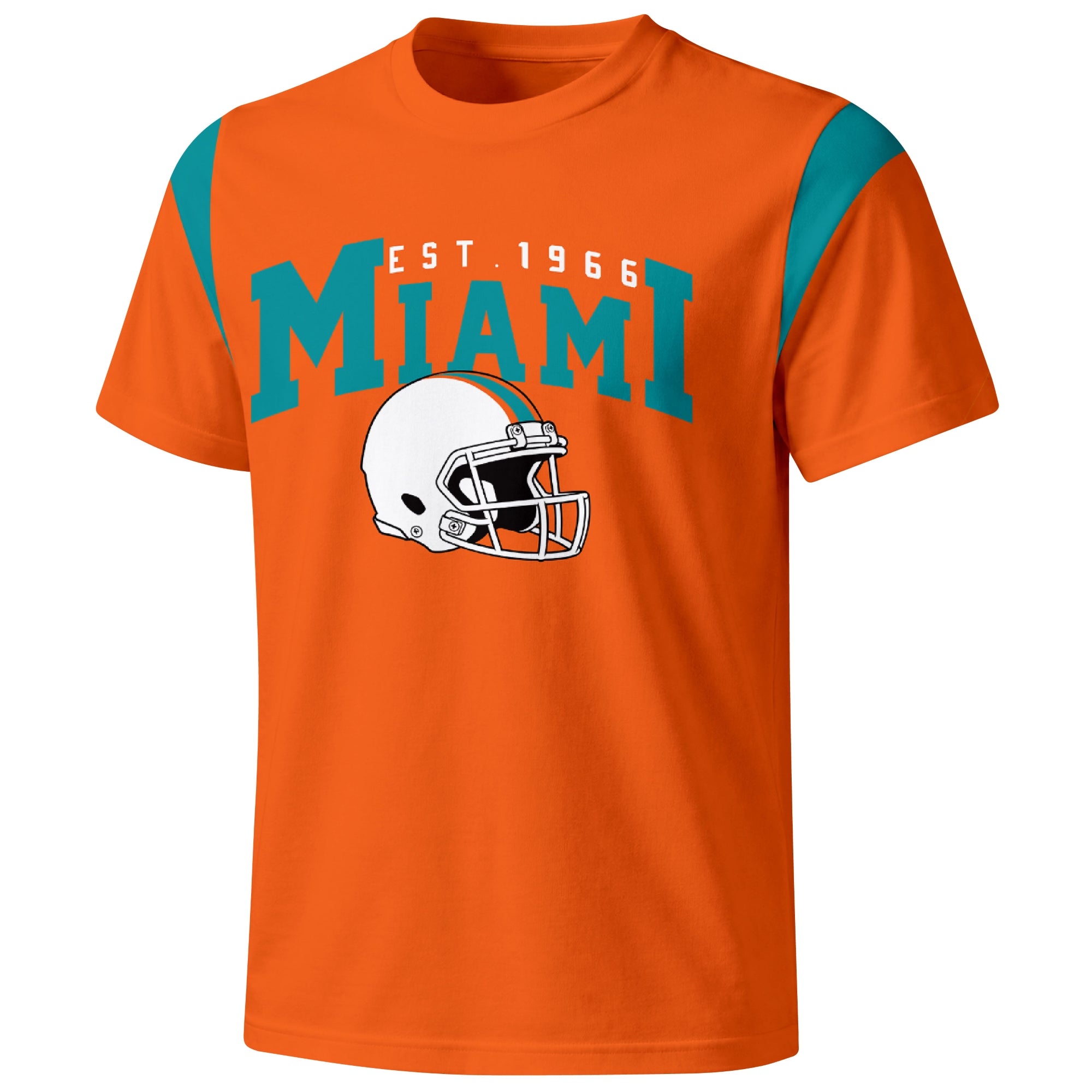 Miami varsity football T shirt in Orange showing the front city helmet design and contrast shoulder panels