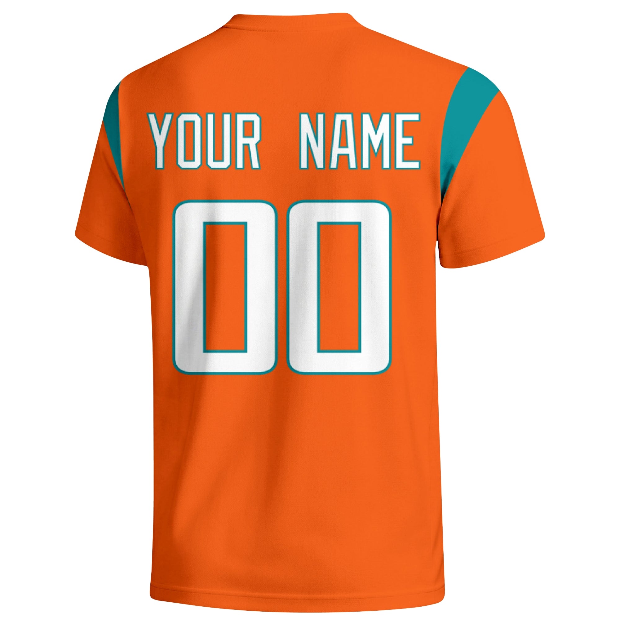 Miami personalized varsity football T shirt in Orange showing the back custom name and number