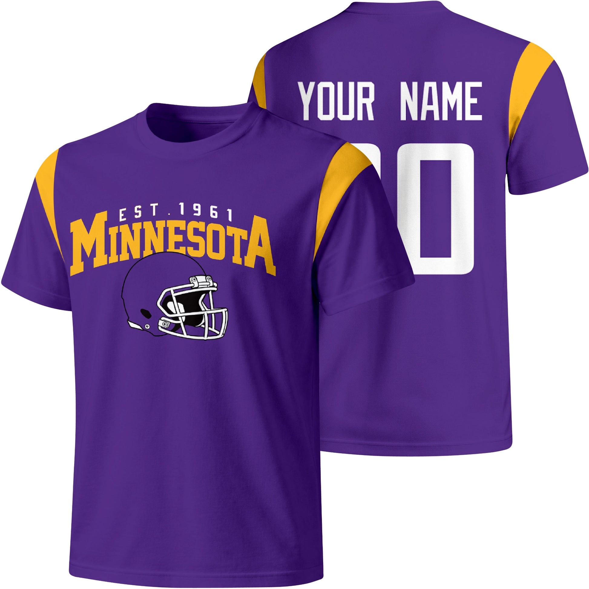 Minnesota personalized varsity football T shirt in Purple showing front helmet design and back custom name and number