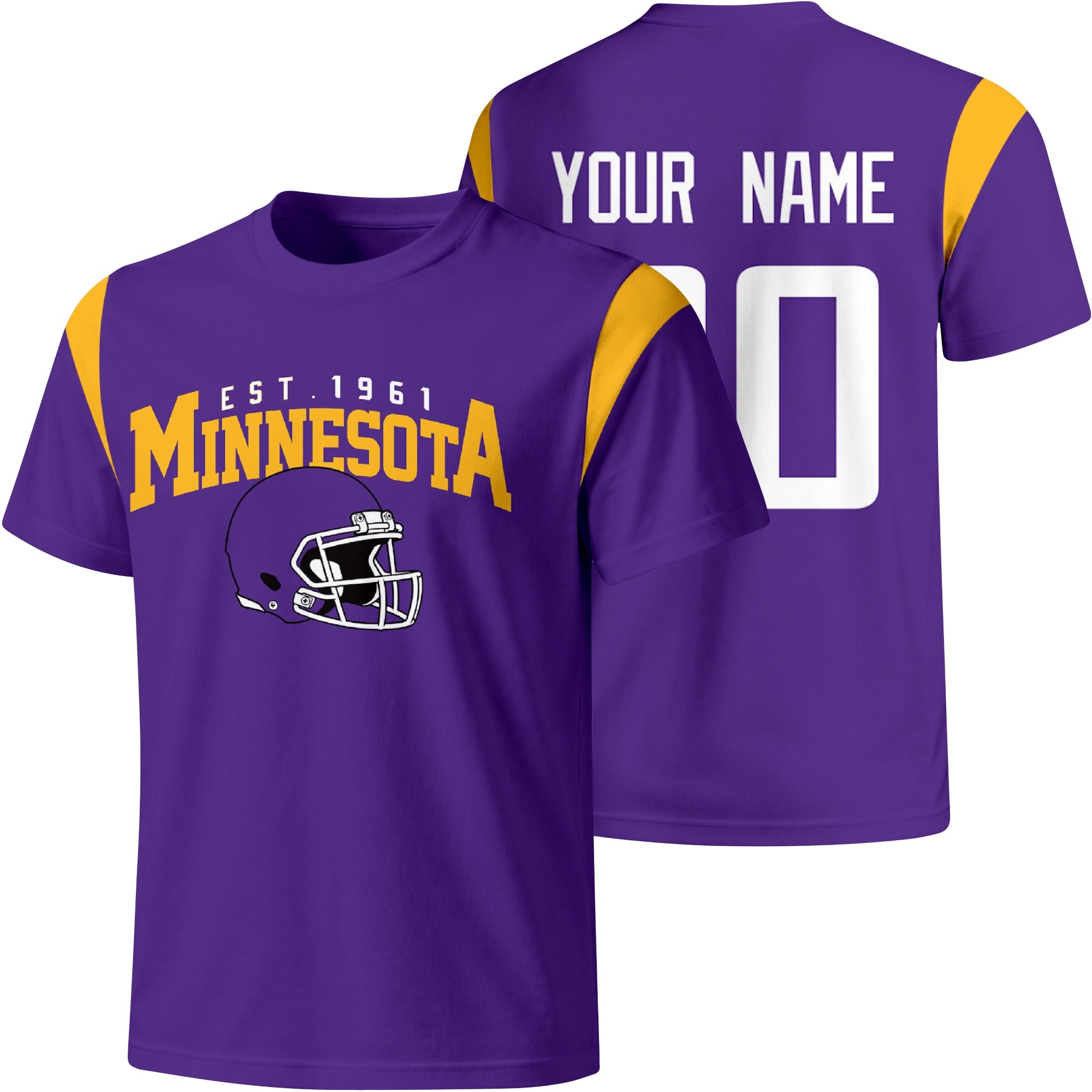 Minnesota personalized varsity football T shirt in Purple showing front helmet design and back custom name and number