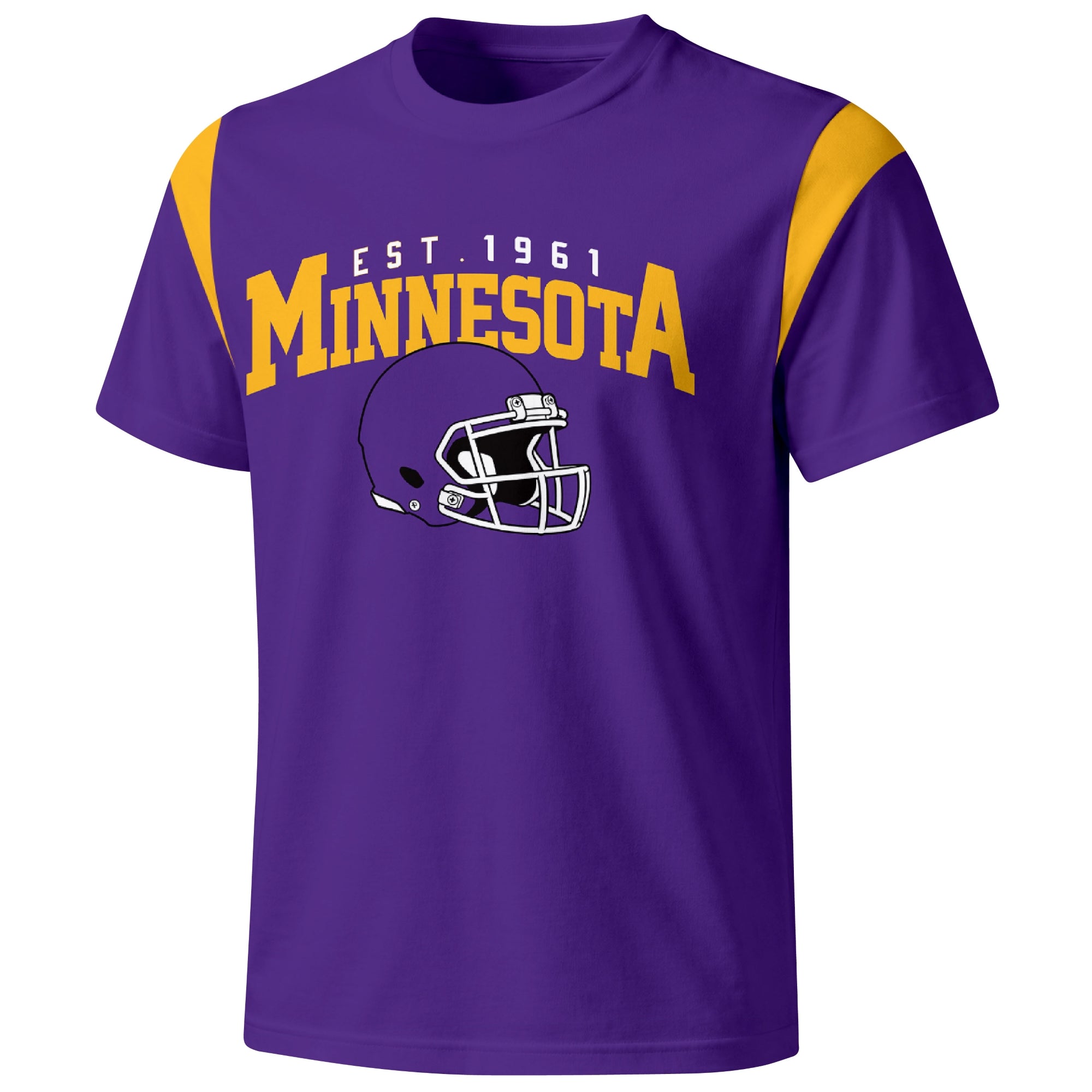 Minnesota varsity football T shirt in Purple showing the front city helmet design and contrast shoulder panels