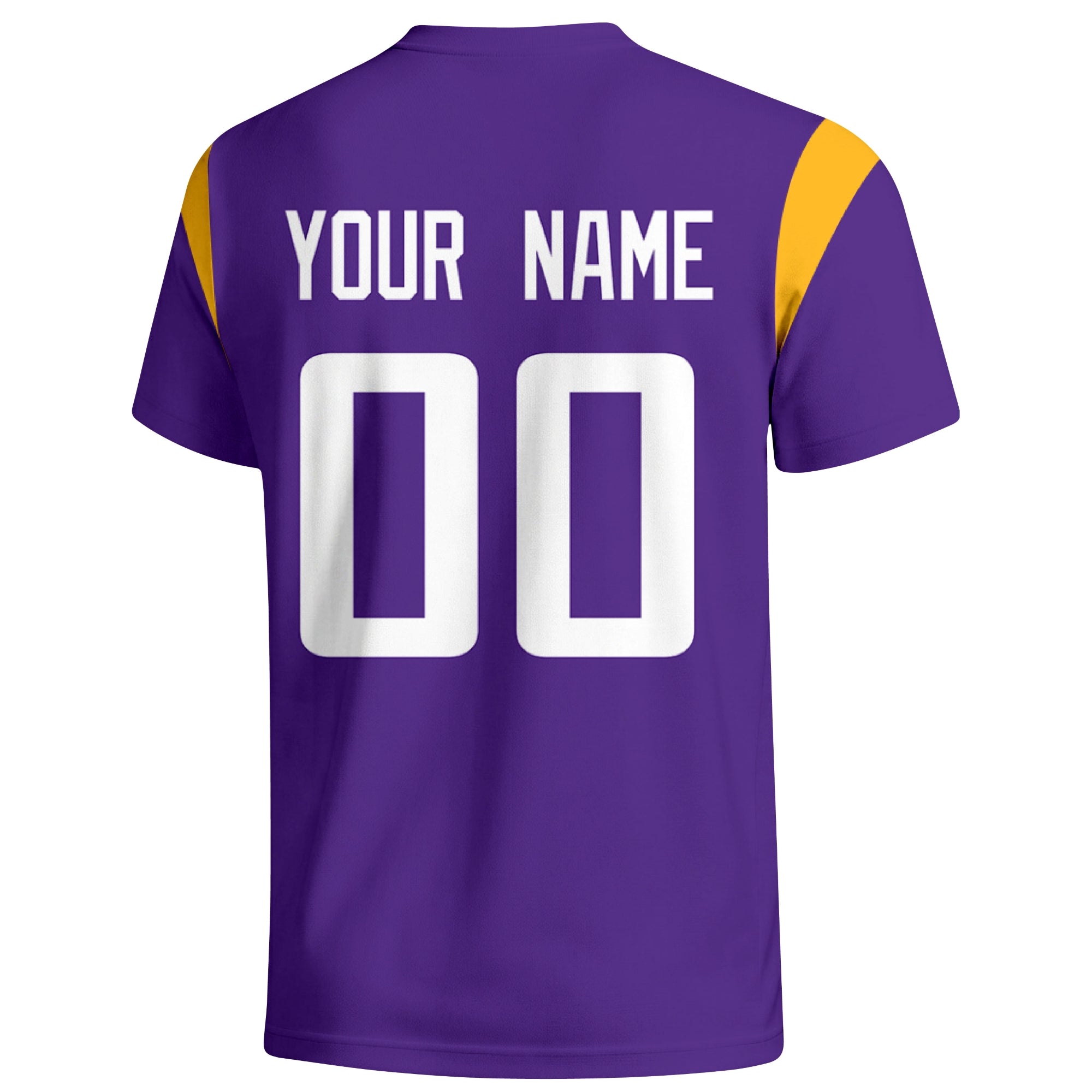 Minnesota personalized varsity football T shirt in Purple showing the back custom name and number