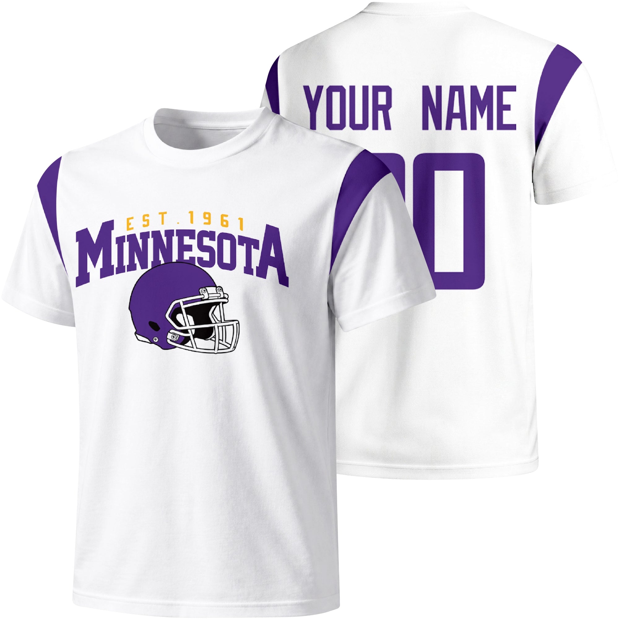 Minnesota personalized varsity football T shirt in White showing front helmet design and back custom name and number