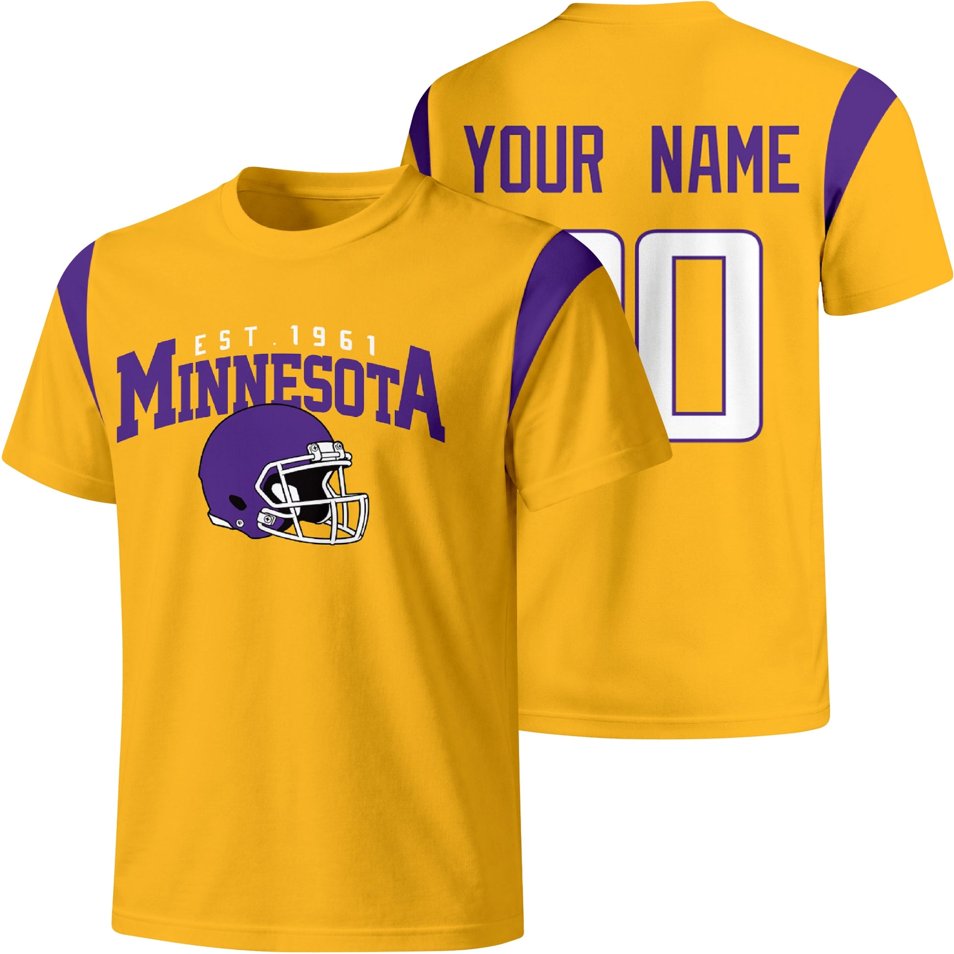 Minnesota personalized varsity football T shirt in Gold showing front helmet design and back custom name and number