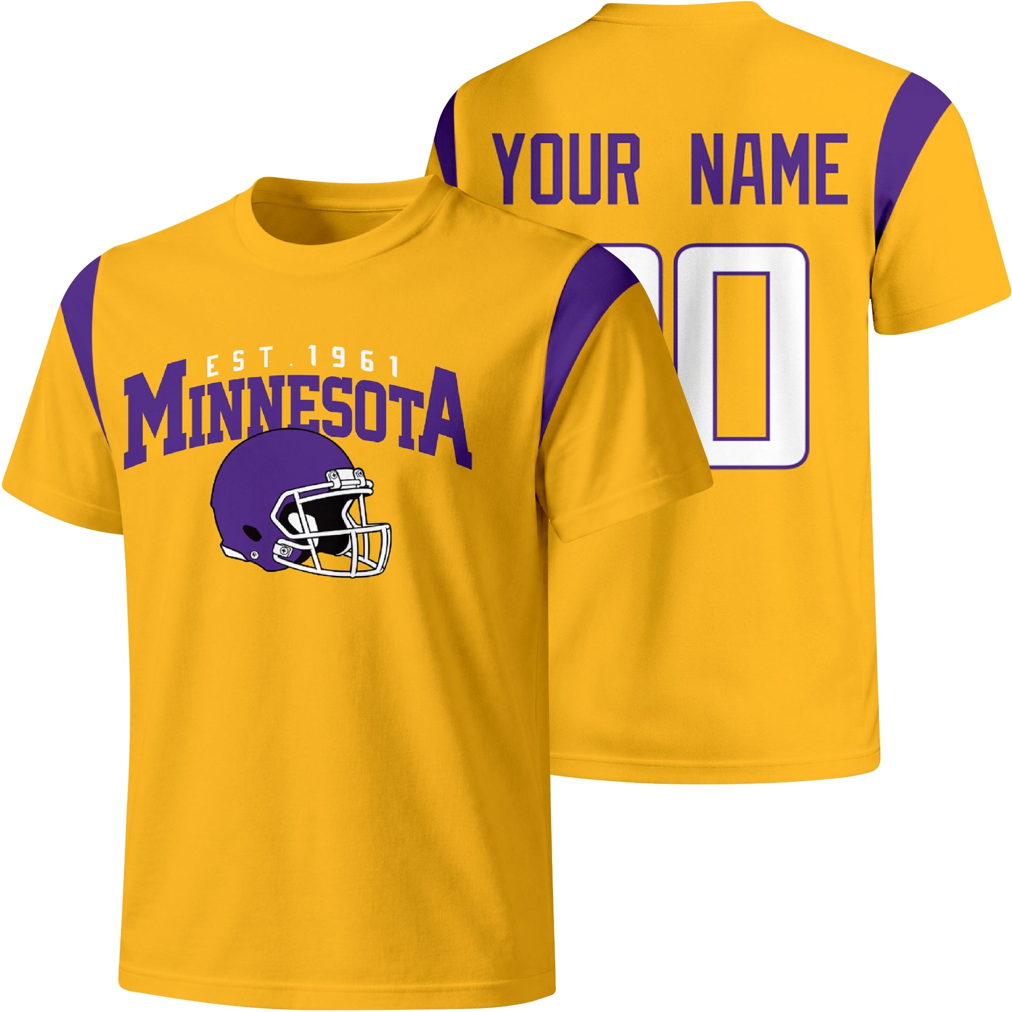 Minnesota personalized varsity football T shirt in Gold showing front helmet design and back custom name and number