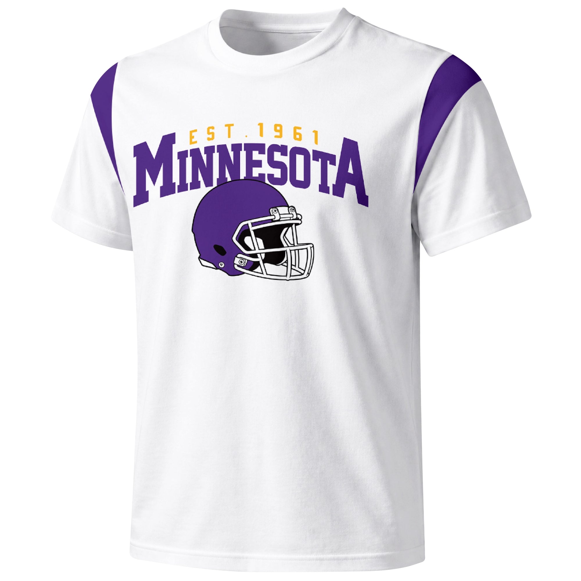 Minnesota varsity football T shirt in White showing the front city helmet design and contrast shoulder panels