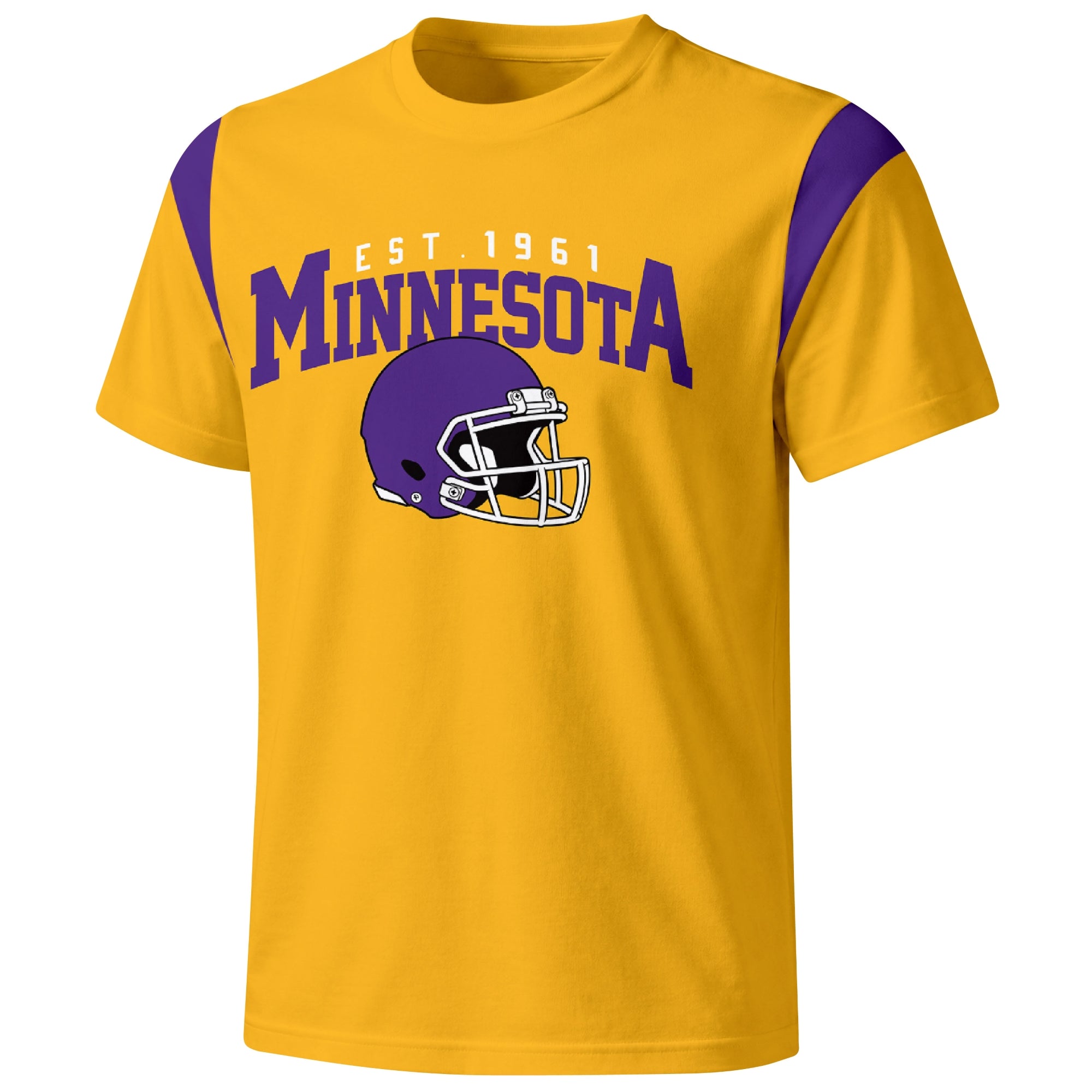 Minnesota varsity football T shirt in Gold showing the front city helmet design and contrast shoulder panels