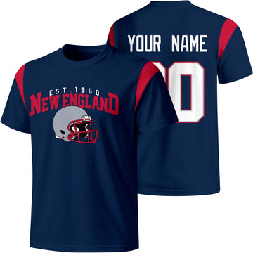 New England personalized varsity football T shirt in Navy showing front helmet design and back custom name and number