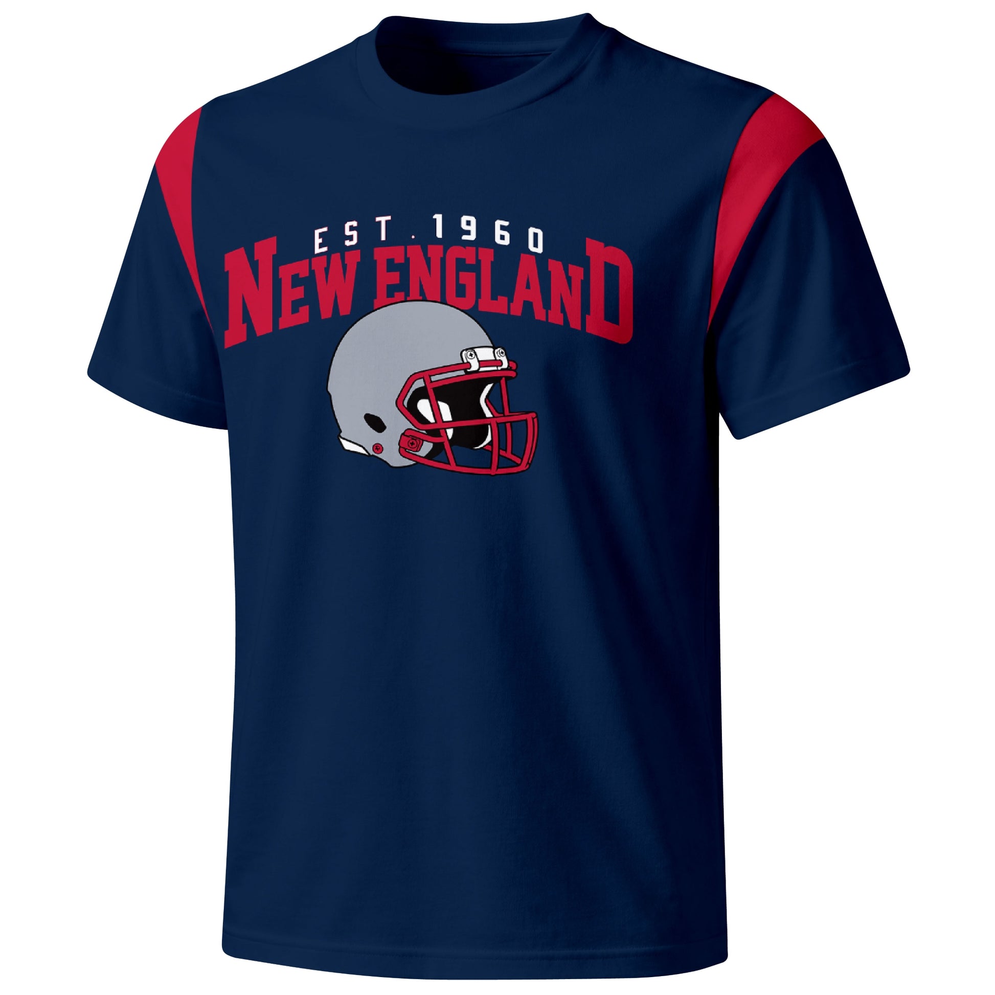 New England varsity football T shirt in Navy showing the front city helmet design and contrast shoulder panels