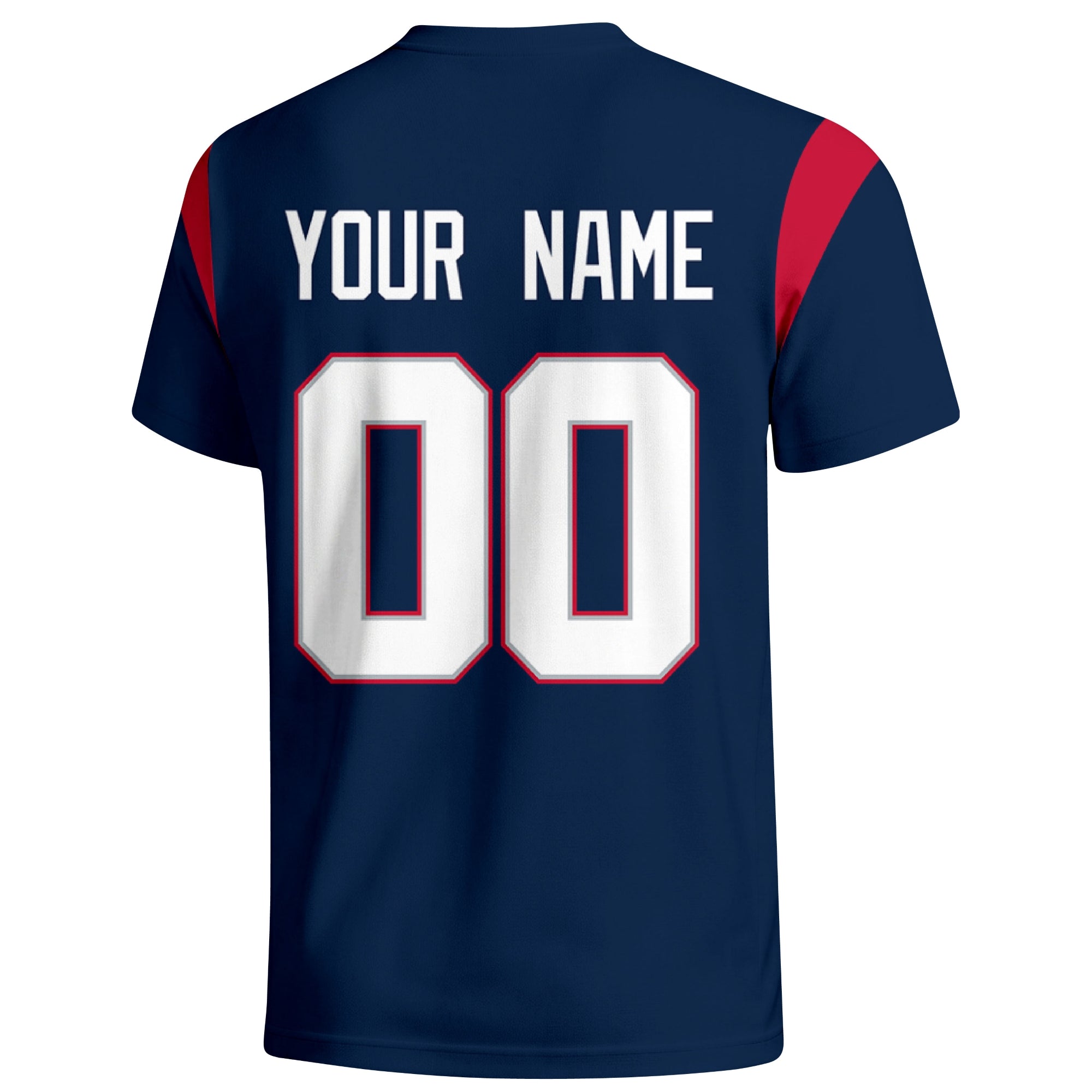 New England personalized varsity football T shirt in Navy showing the back custom name and number