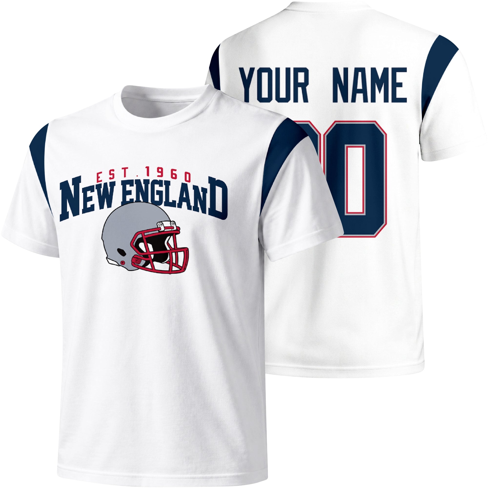 New England personalized varsity football T shirt in White showing front helmet design and back custom name and number
