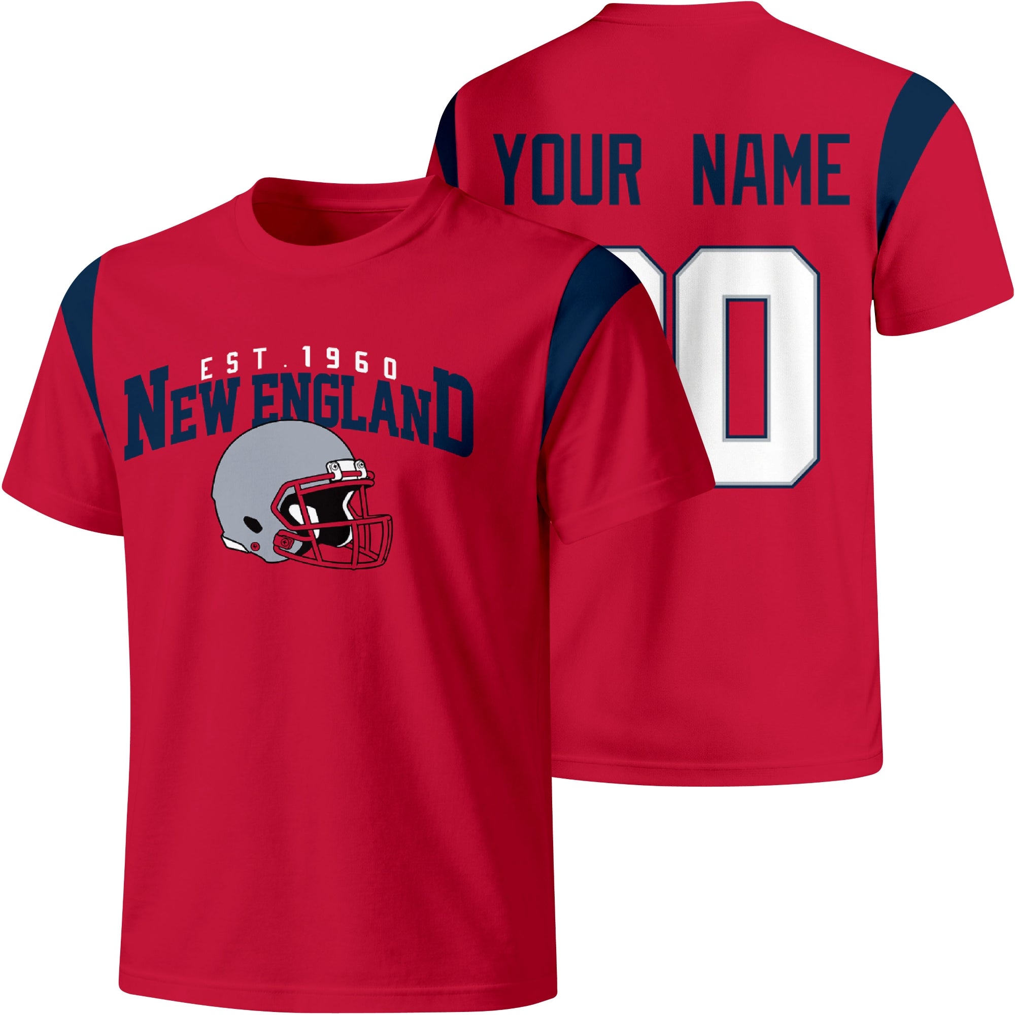 New England personalized varsity football T shirt in Red showing front helmet design and back custom name and number