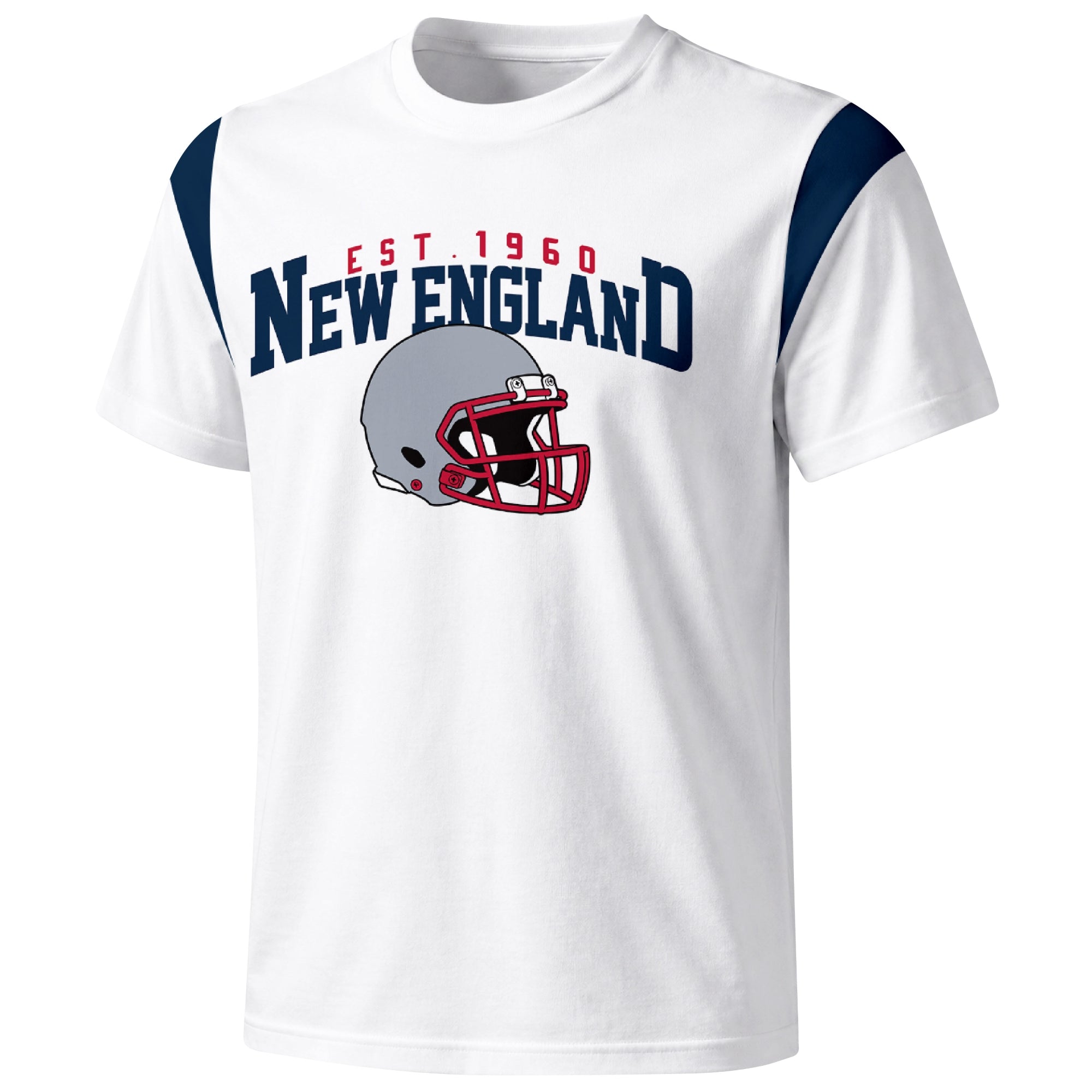 New England varsity football T shirt in White showing the front city helmet design and contrast shoulder panels