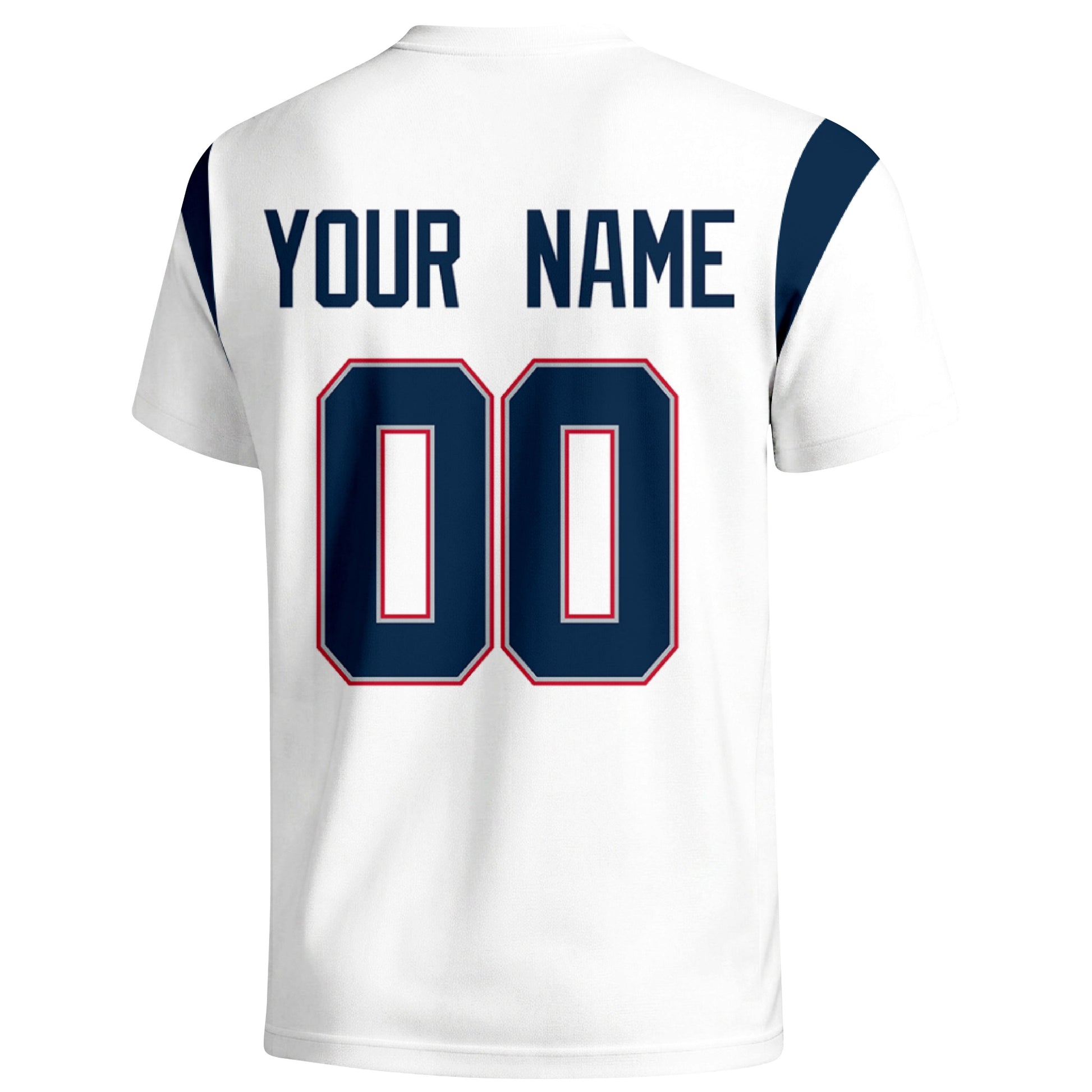 New England personalized varsity football T shirt in White showing the back custom name and number