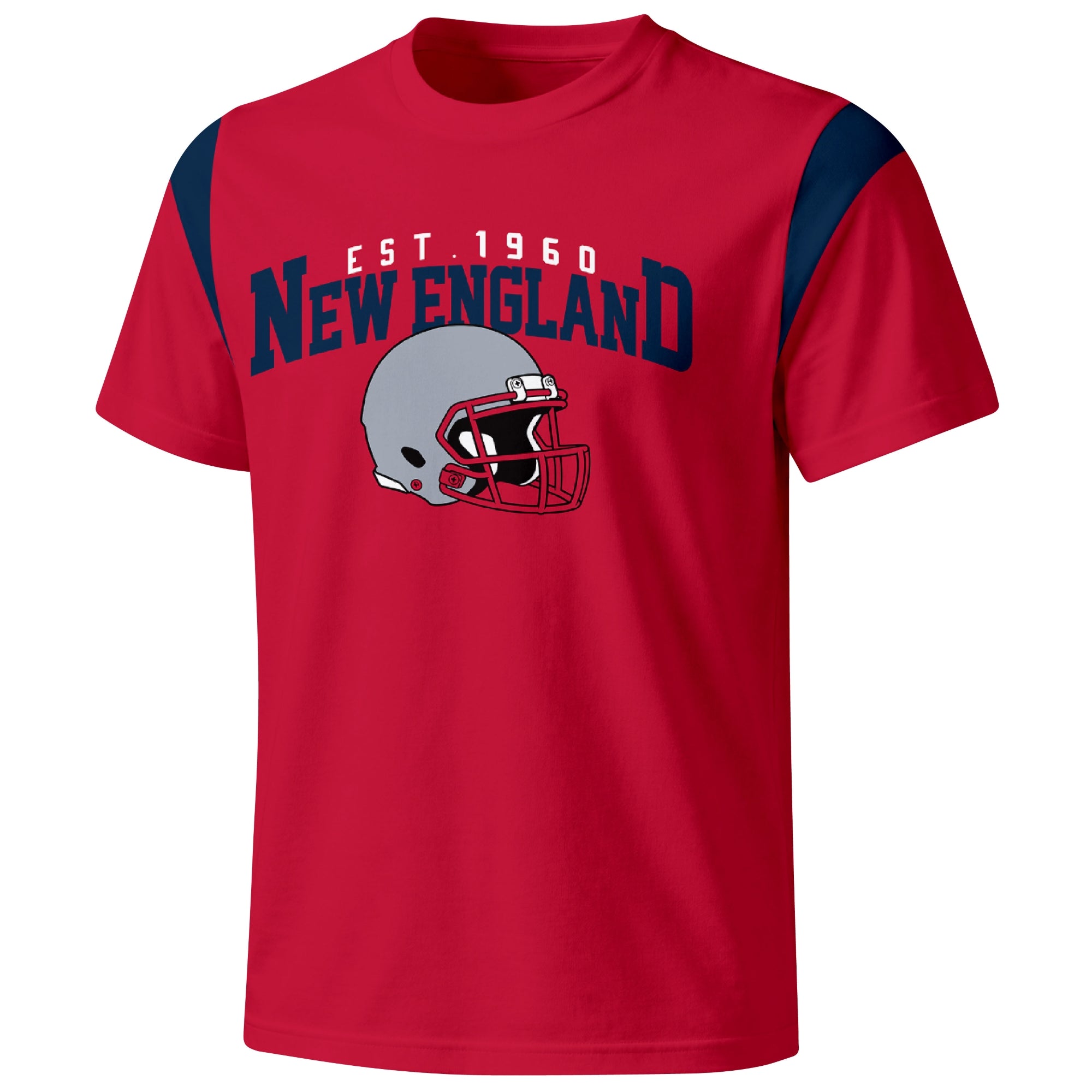 New England varsity football T shirt in Red showing the front city helmet design and contrast shoulder panels