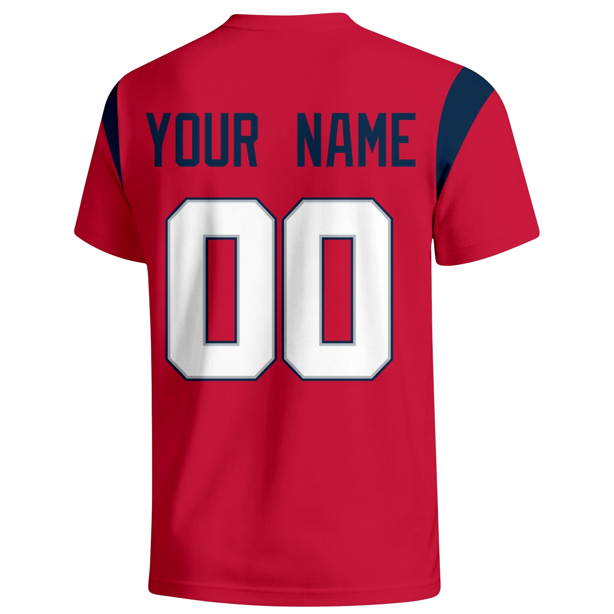 New England personalized varsity football T shirt in Red showing the back custom name and number