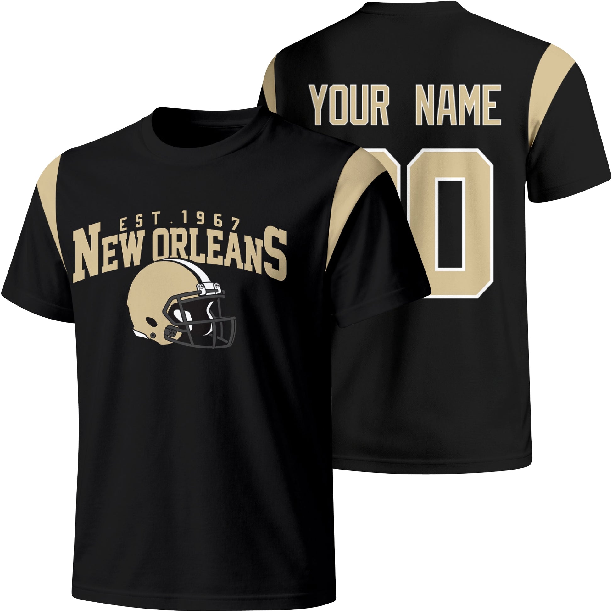 New Orleans personalized varsity football T shirt in Black showing front helmet design and back custom name and number