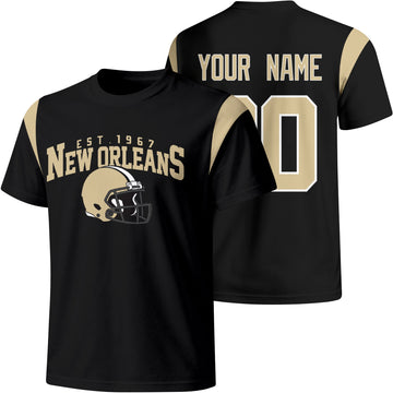 New Orleans personalized varsity football T shirt in Black showing front helmet design and back custom name and number