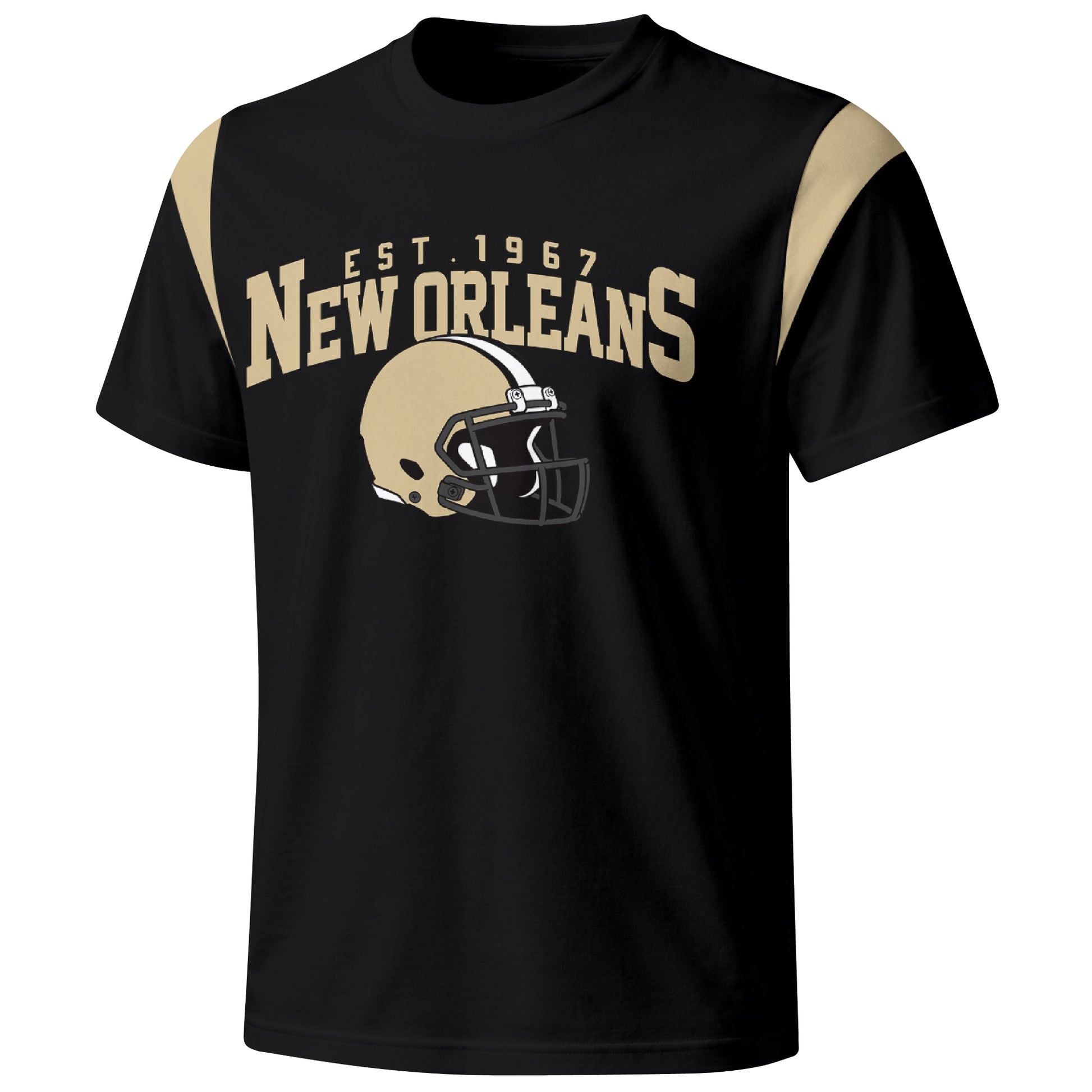 New Orleans varsity football T shirt in Black showing the front city helmet design and contrast shoulder panels