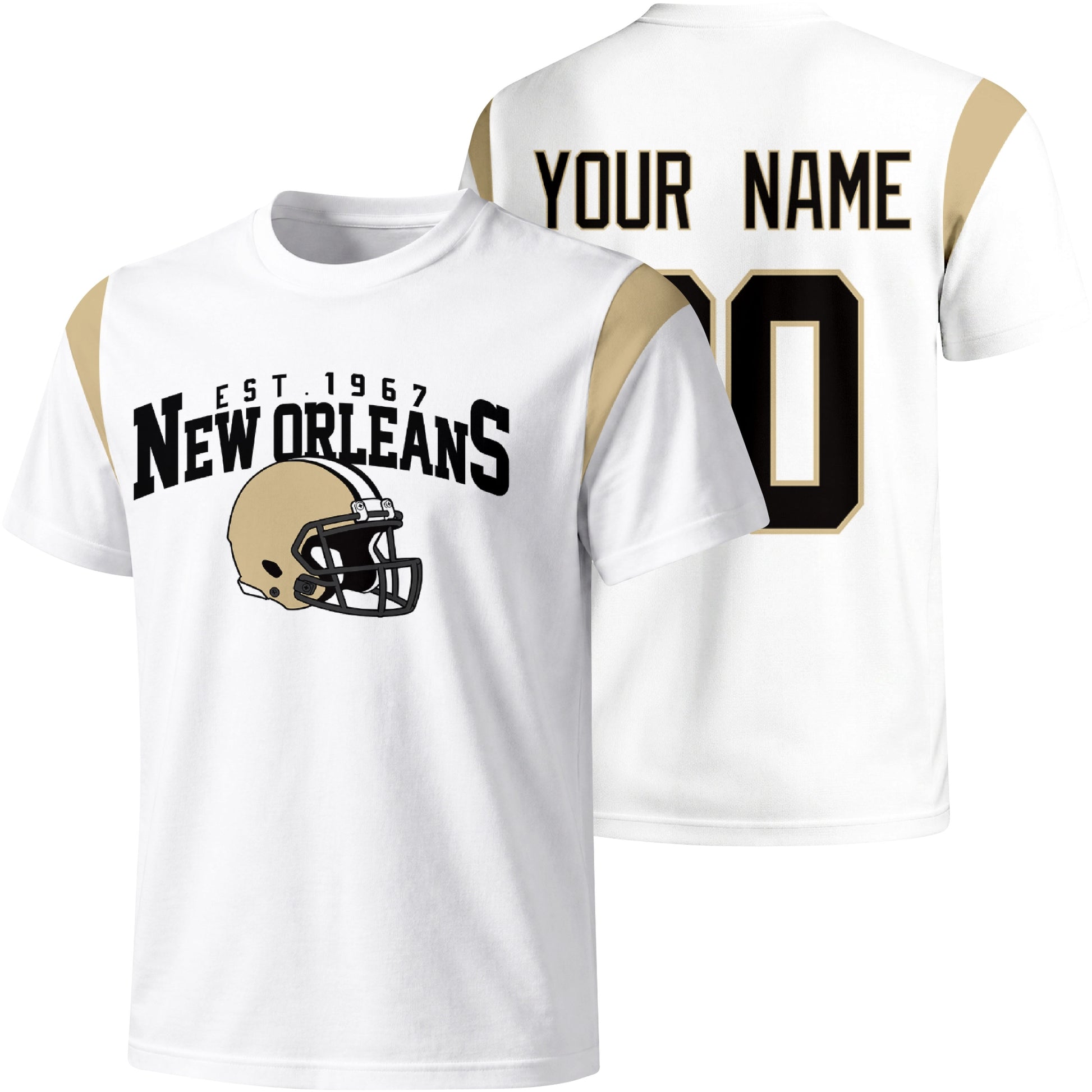 New Orleans personalized varsity football T shirt in White showing front helmet design and back custom name and number