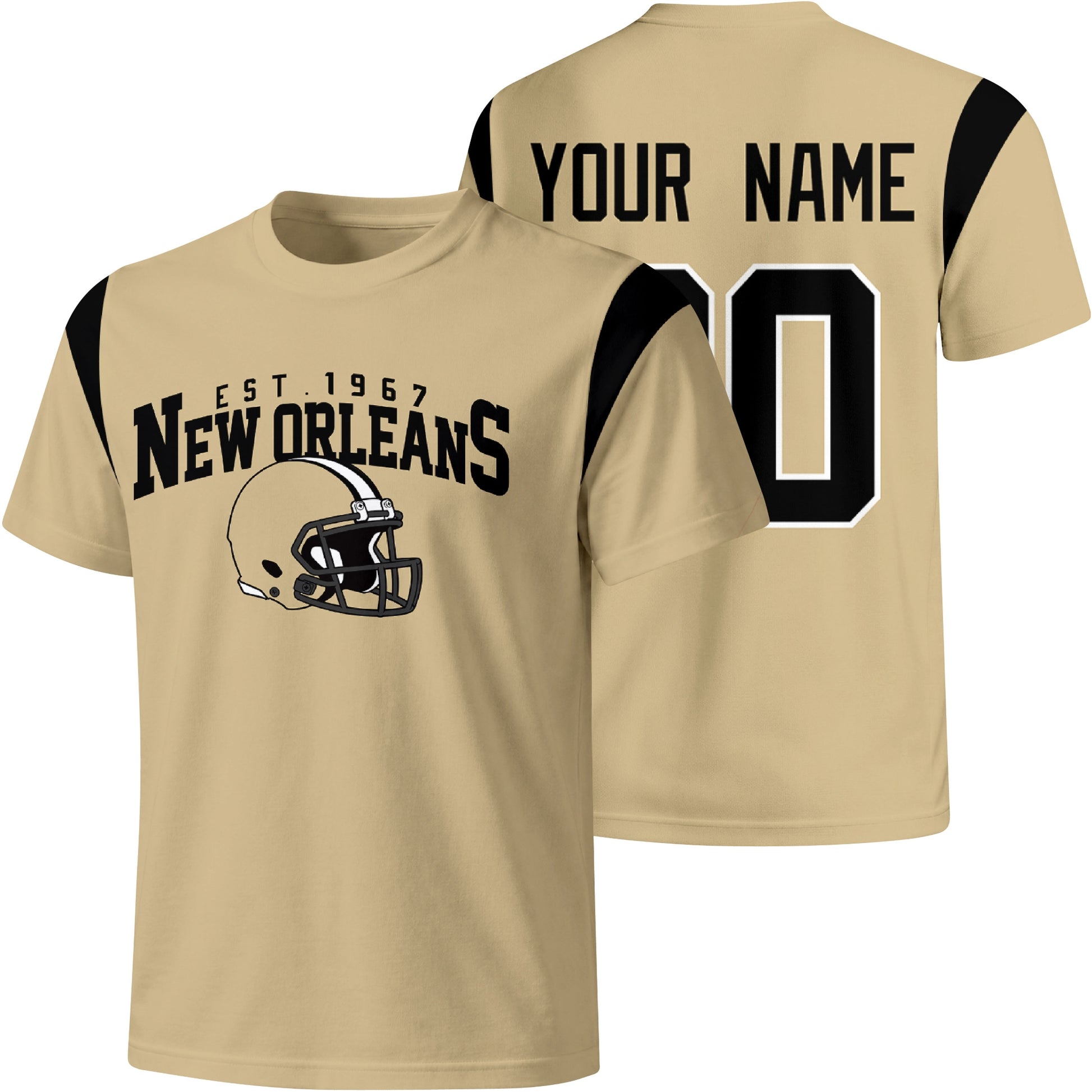 New Orleans personalized varsity football T shirt in Gold showing front helmet design and back custom name and number