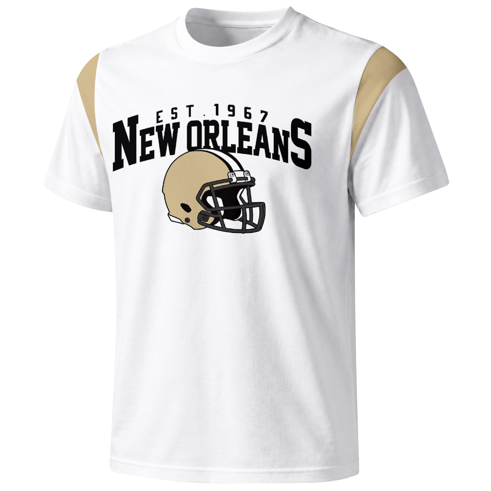 New Orleans varsity football T shirt in White showing the front city helmet design and contrast shoulder panels