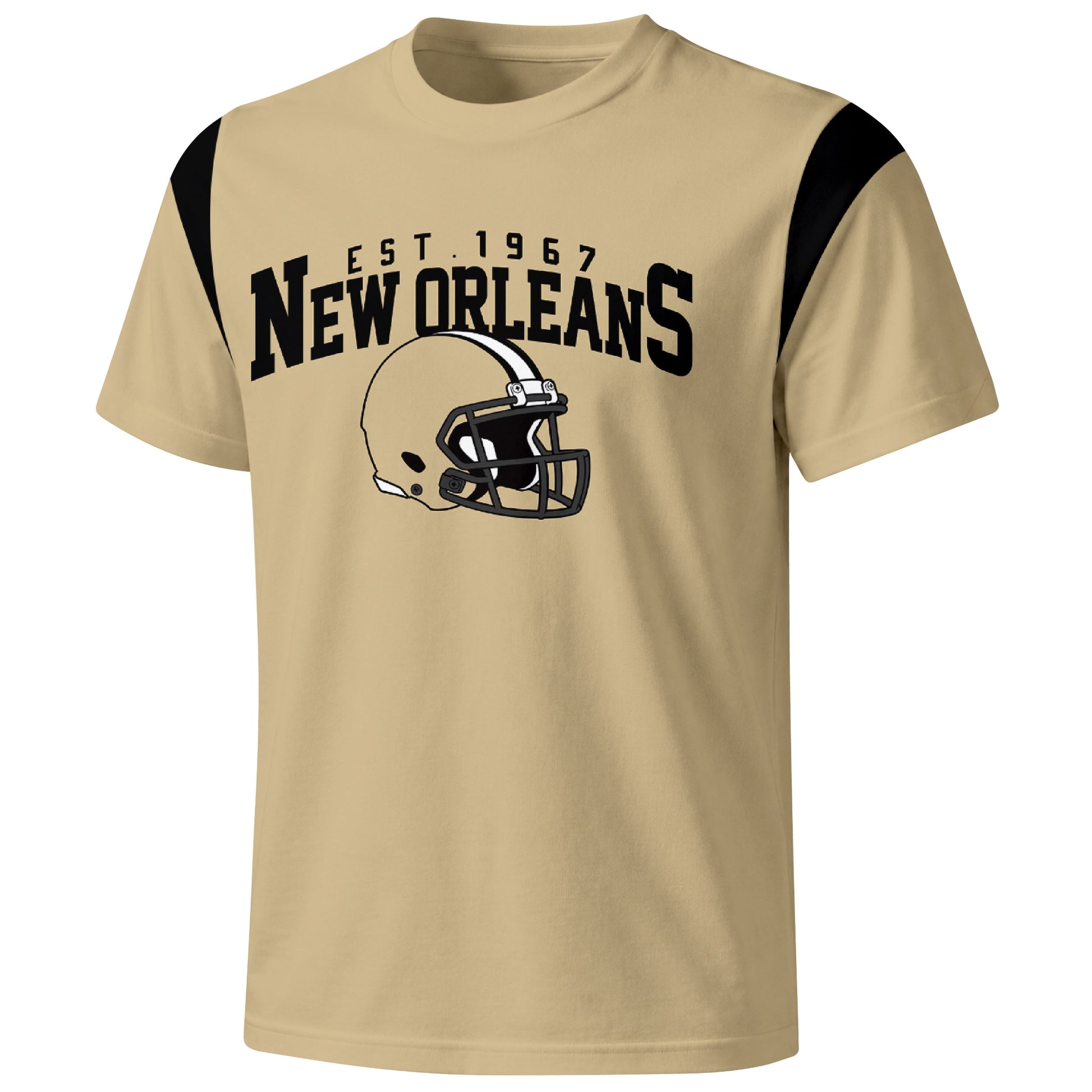 New Orleans varsity football T shirt in Gold showing the front city helmet design and contrast shoulder panels