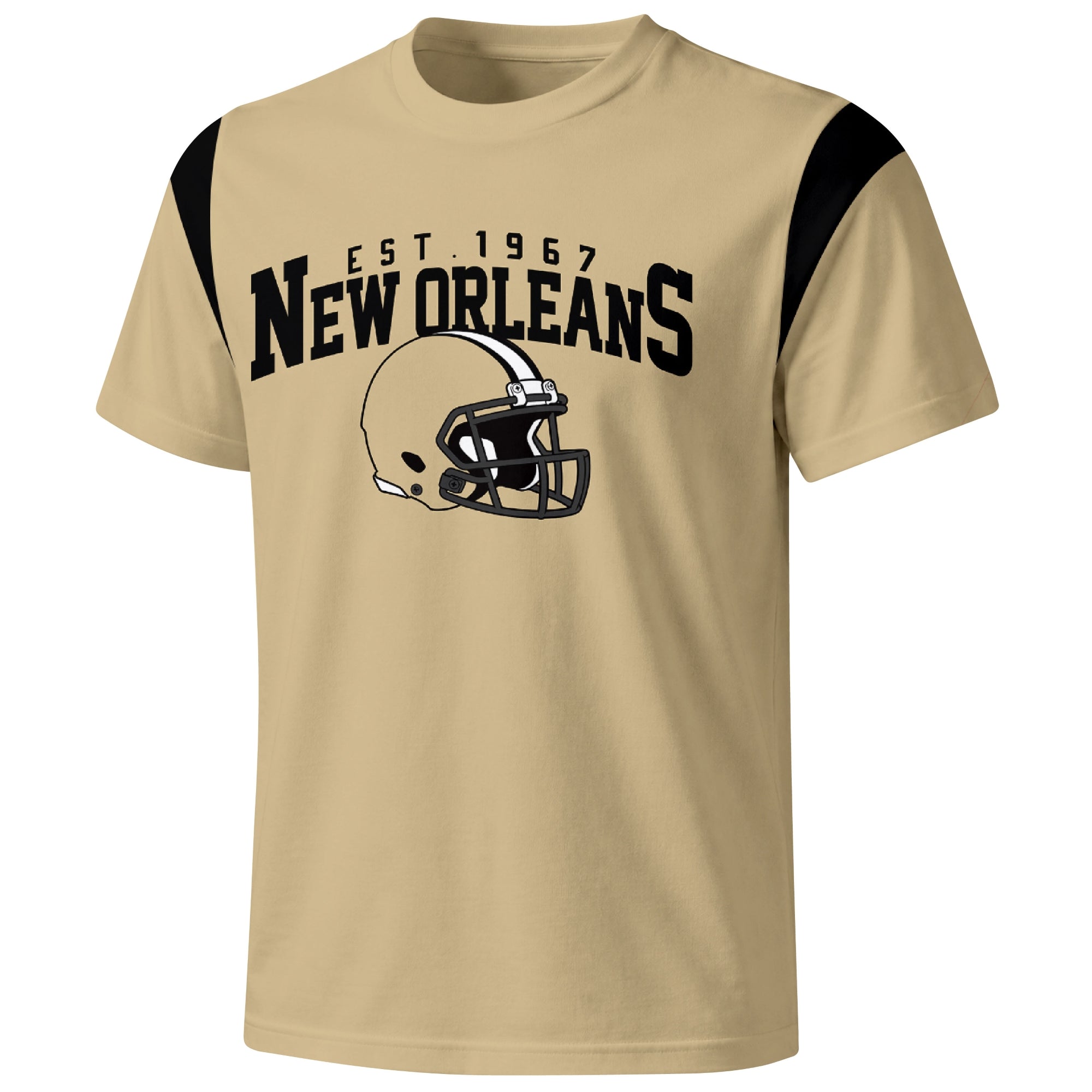New Orleans varsity football T shirt in Gold showing the front city helmet design and contrast shoulder panels