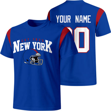 New York Blue personalized varsity football T shirt in Royal showing front helmet design and back custom name and number