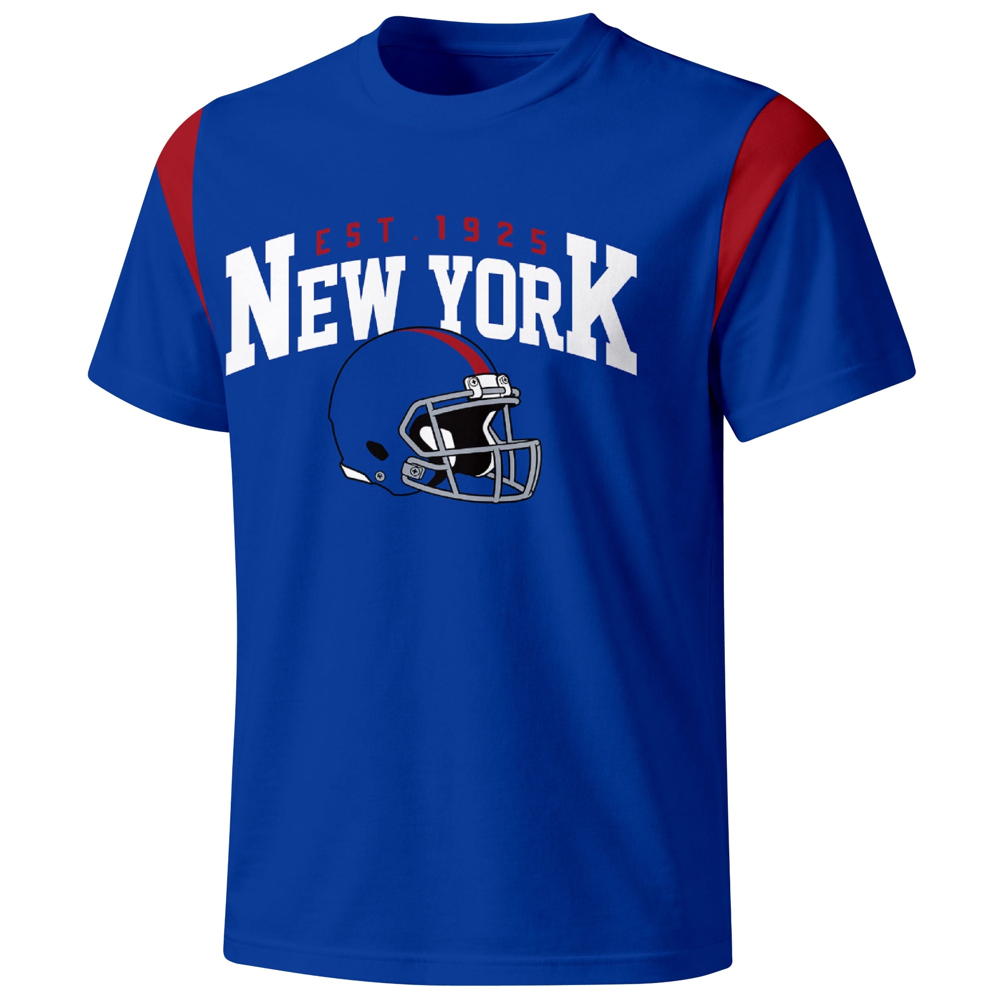 New York Blue varsity football T shirt in Royal showing the front city helmet design and contrast shoulder panels