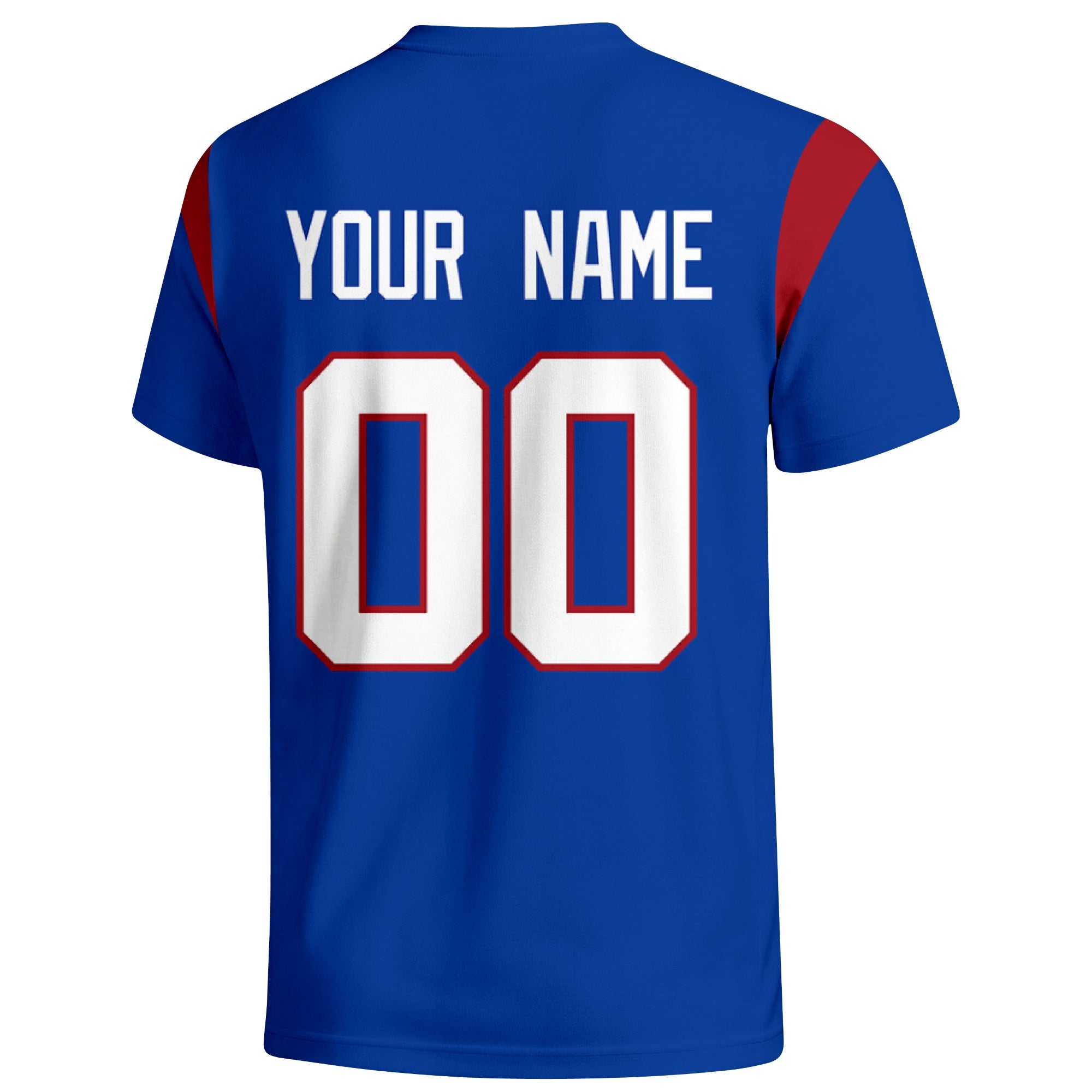 New York Blue personalized varsity football T shirt in Royal showing the back custom name and number