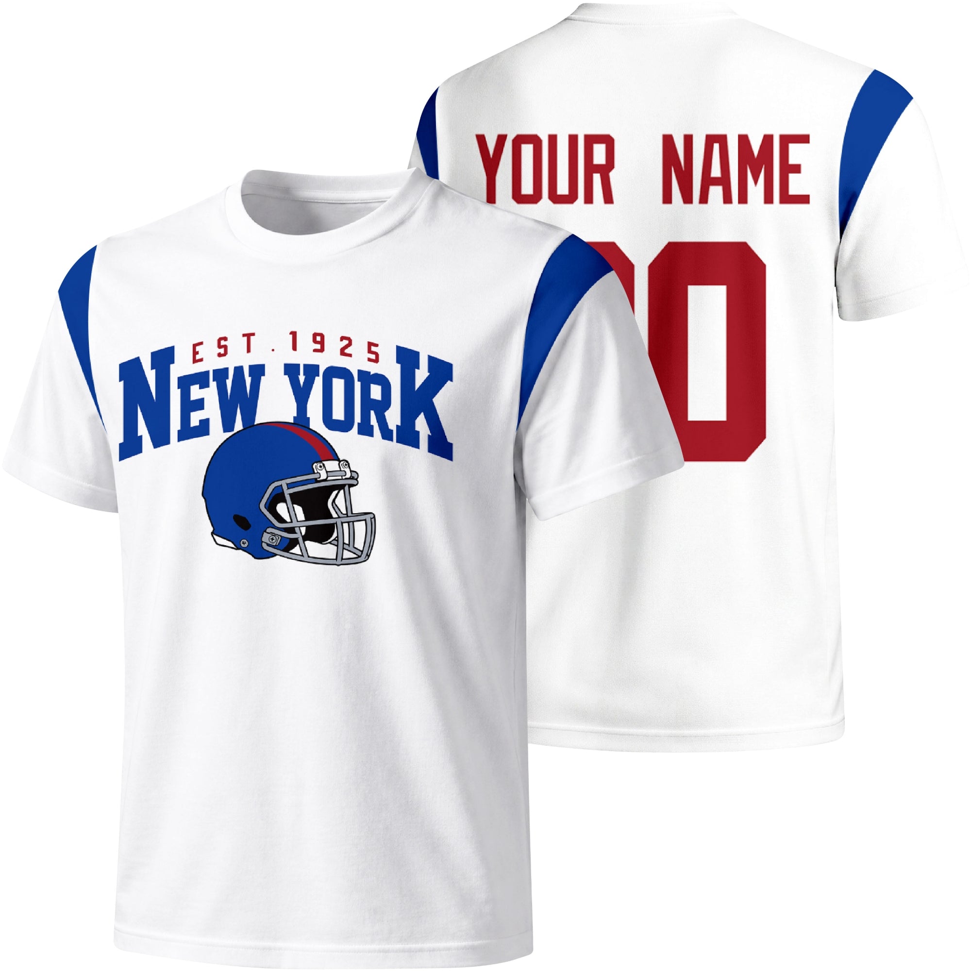 New York Blue personalized varsity football T shirt in White showing front helmet design and back custom name and number