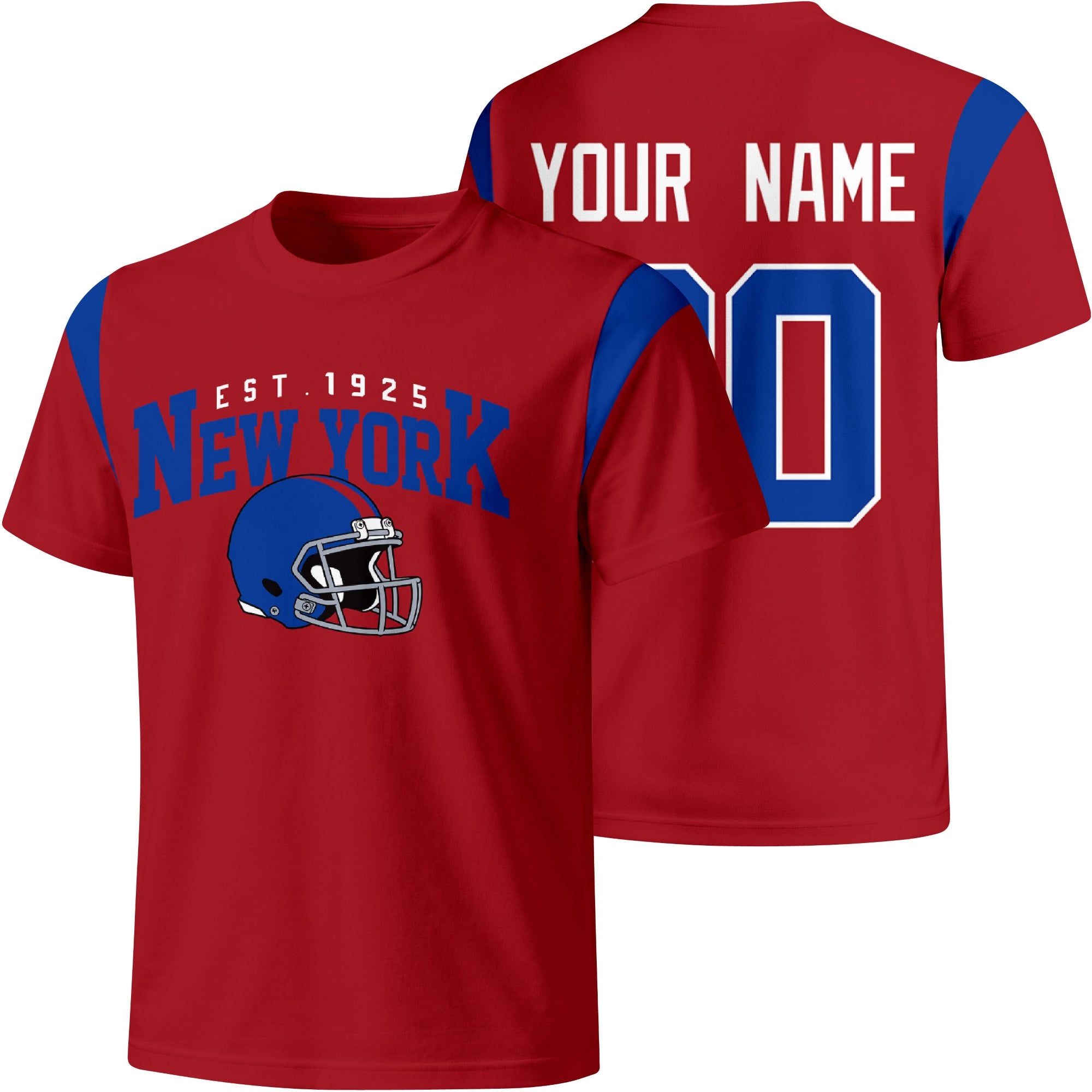 New York Blue personalized varsity football T shirt in Red showing front helmet design and back custom name and number