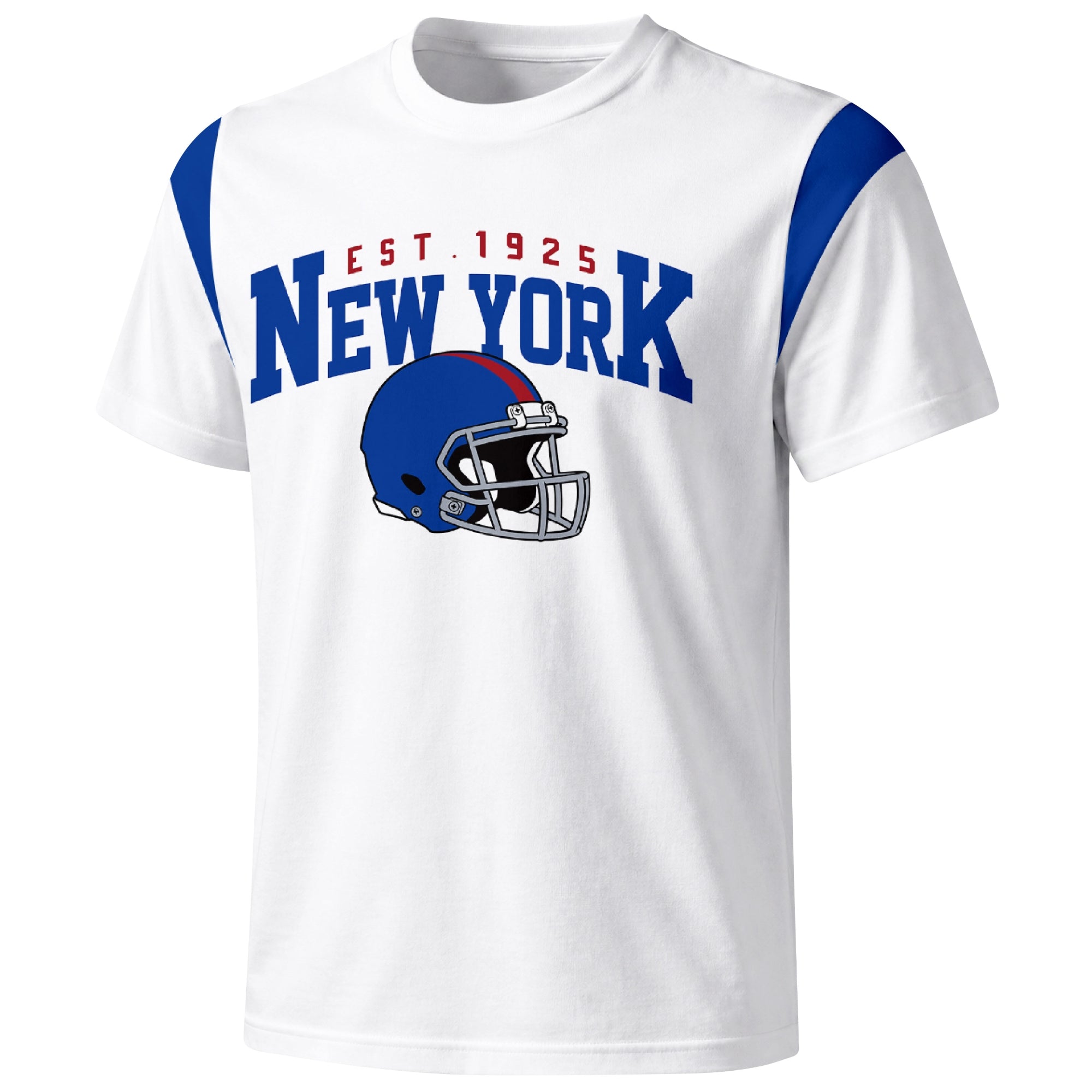 New York Blue varsity football T shirt in White showing the front city helmet design and contrast shoulder panels