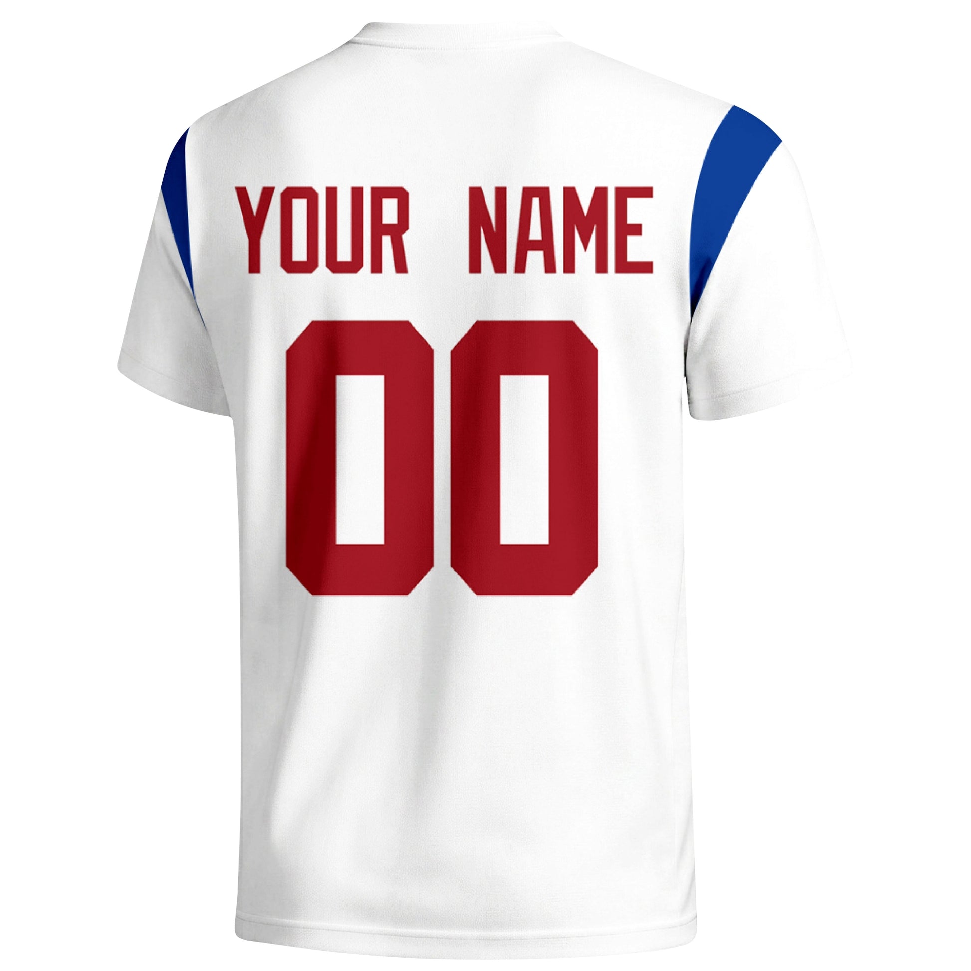 New York Blue personalized varsity football T shirt in White showing the back custom name and number