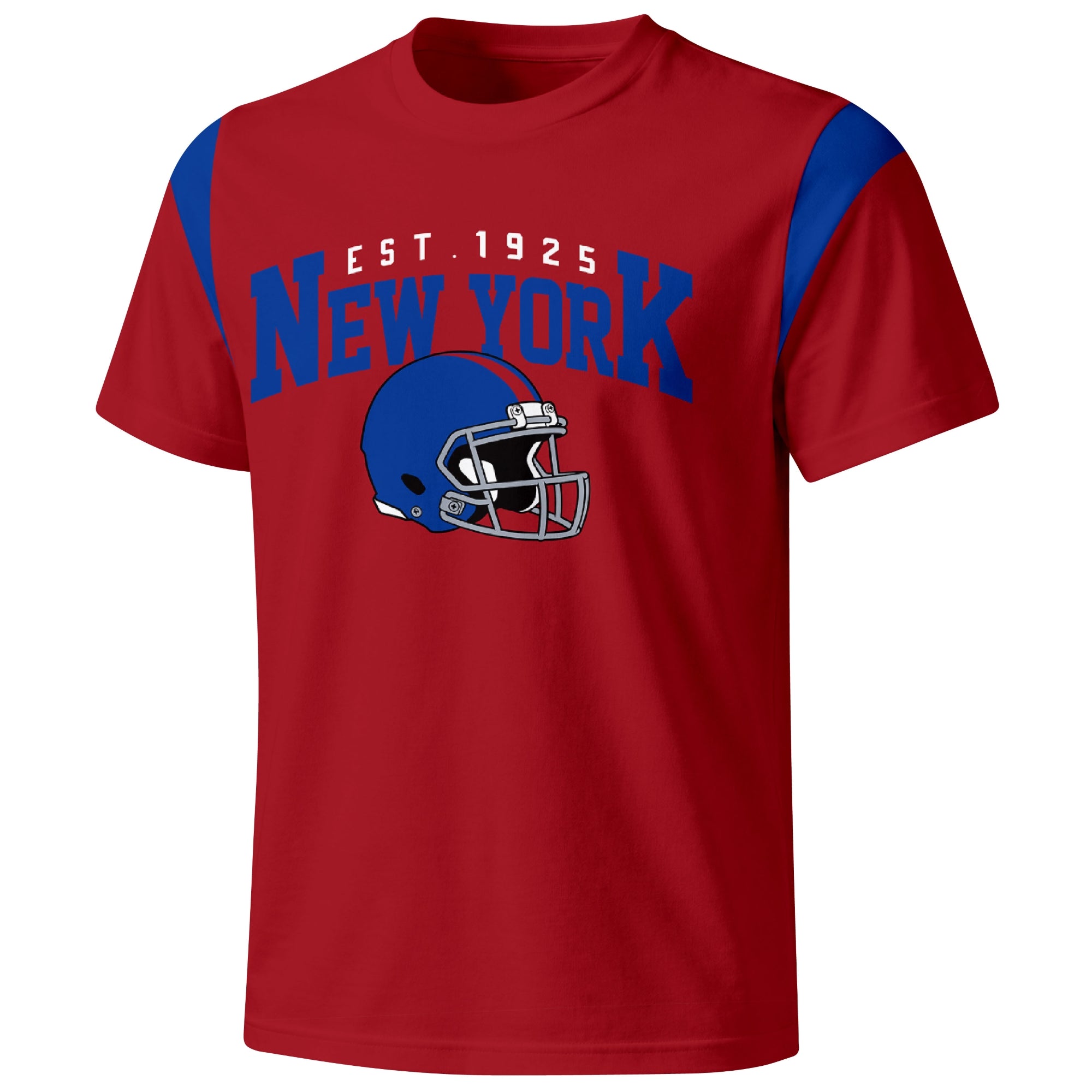 New York Blue varsity football T shirt in Red showing the front city helmet design and contrast shoulder panels