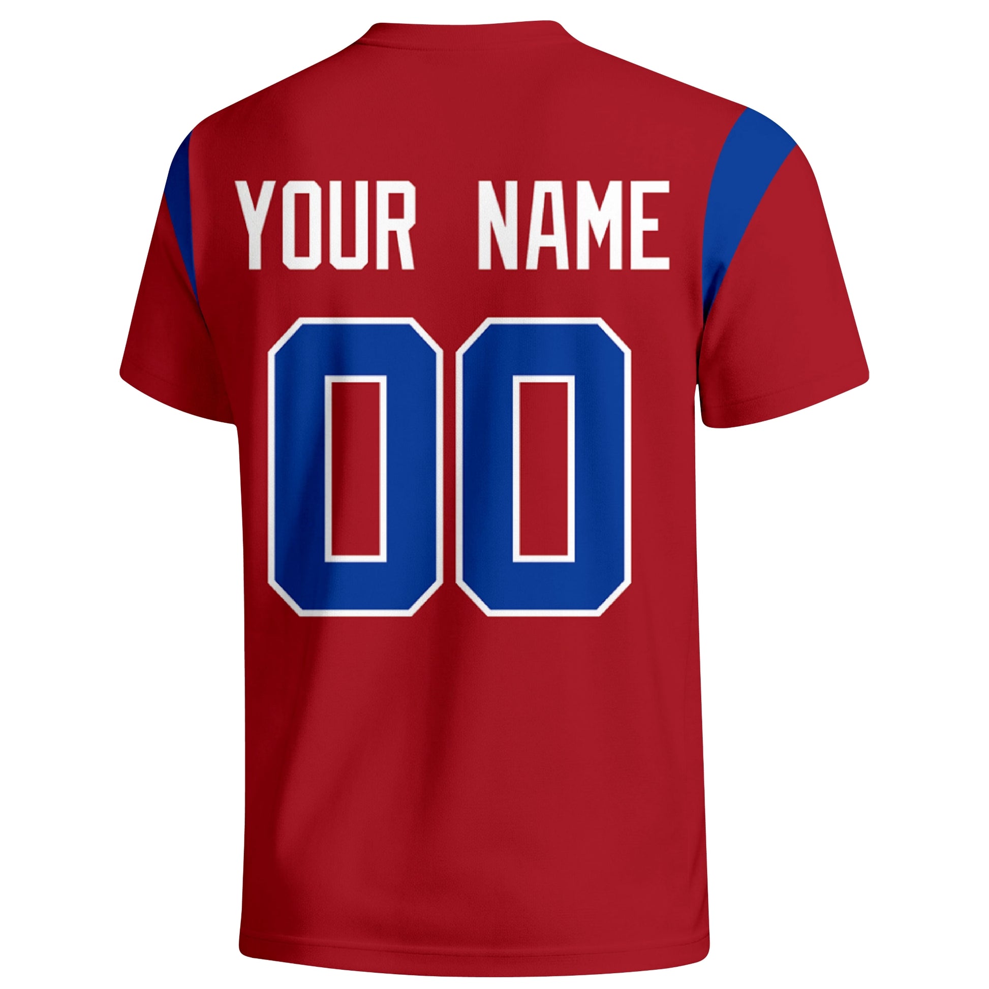 New York Blue personalized varsity football T shirt in Red showing the back custom name and number