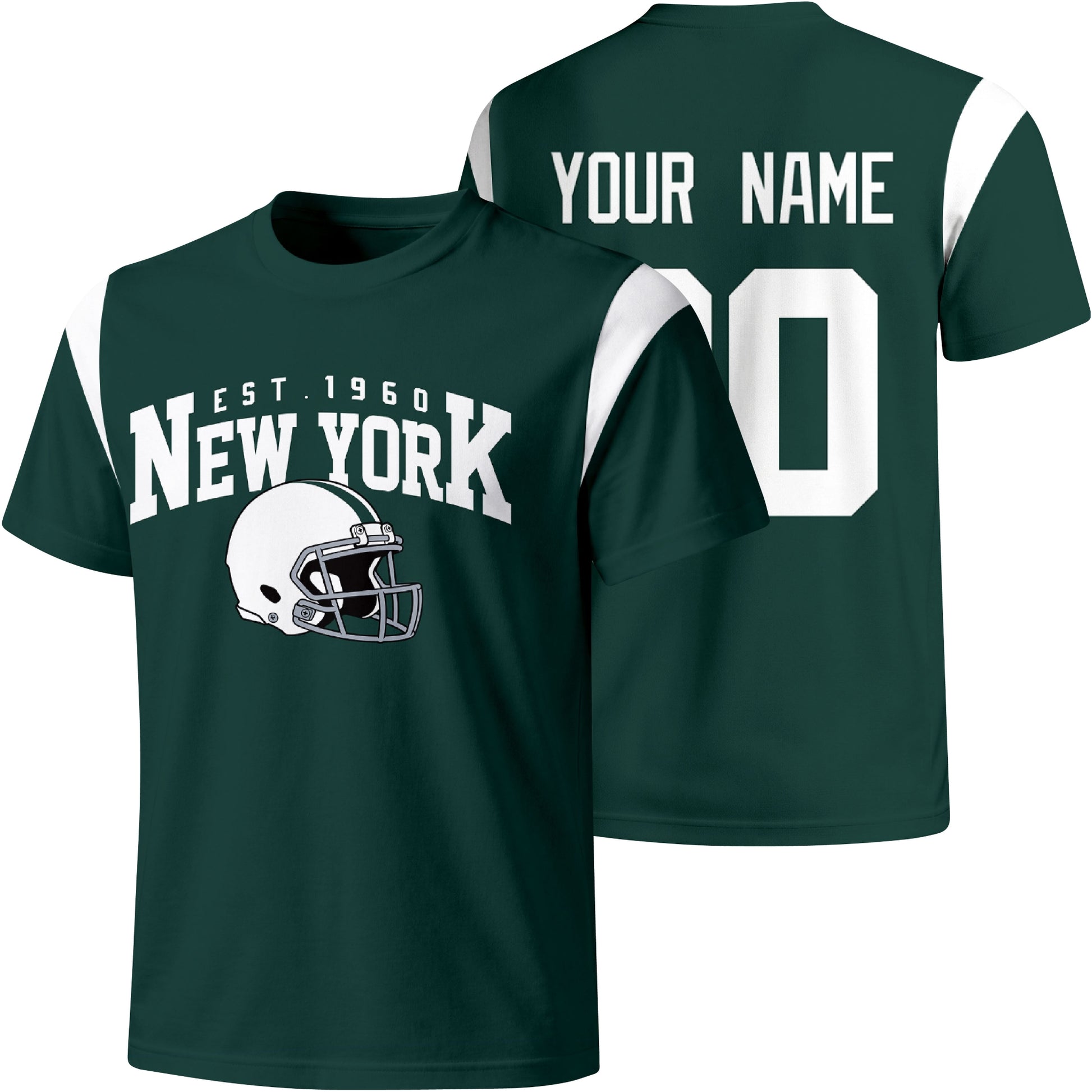 New York Green personalized varsity football T shirt in Green showing front helmet design and back custom name and number