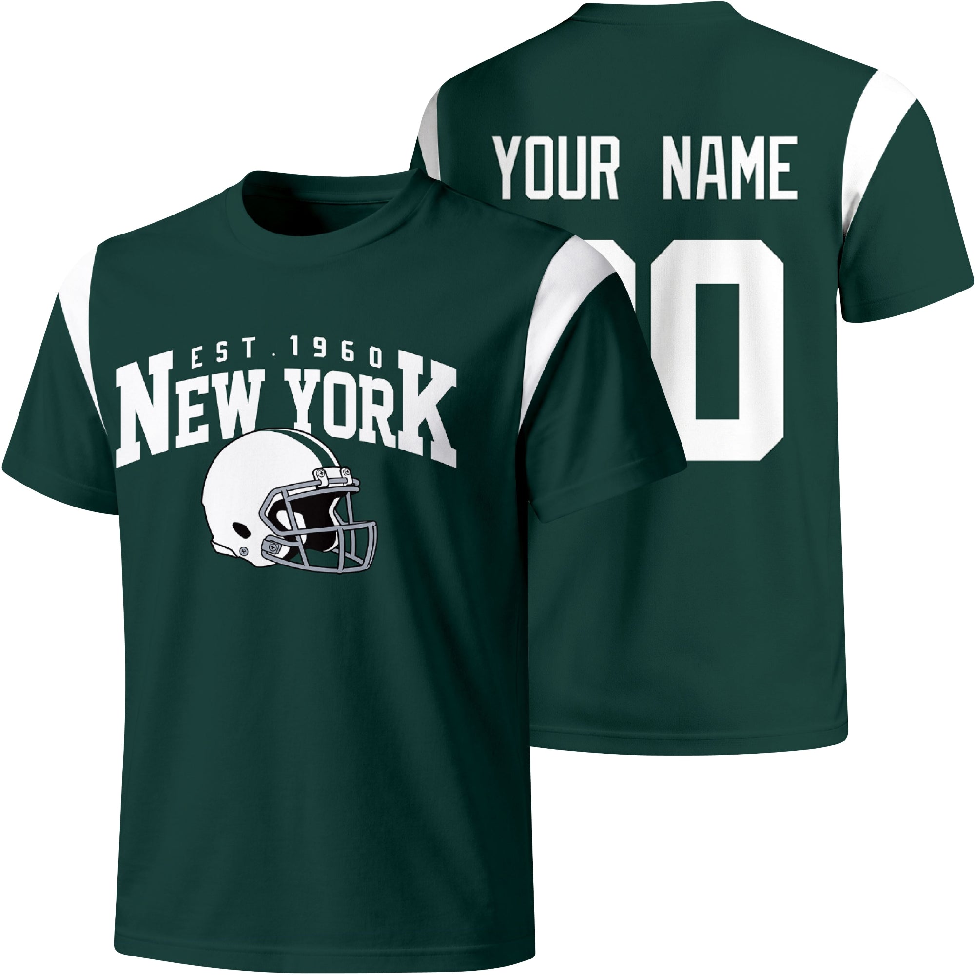 New York Green personalized varsity football T shirt in Green showing front helmet design and back custom name and number