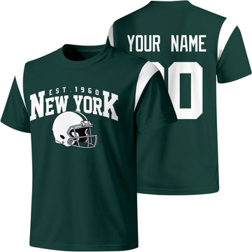 New York Green personalized varsity football T shirt in Green showing front helmet design and back custom name and number