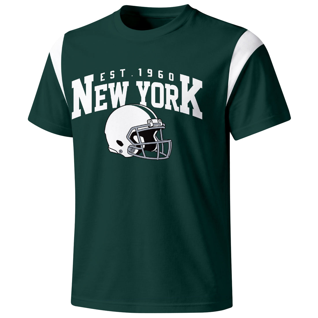 New York Green personalized varsity football T shirt in Green showing front helmet design and back custom name and number