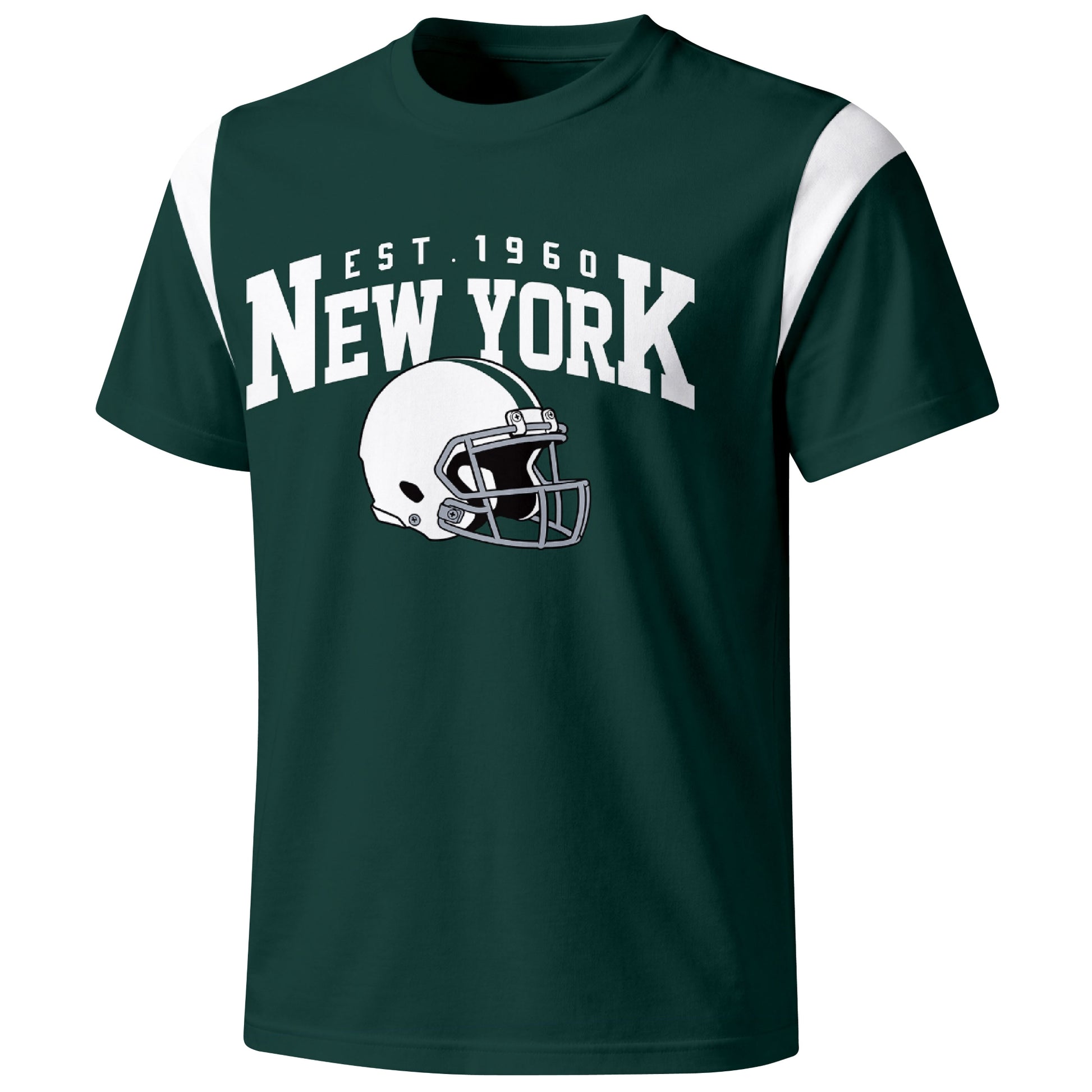 New York Green varsity football T shirt in Green showing the front city helmet design and contrast shoulder panels
