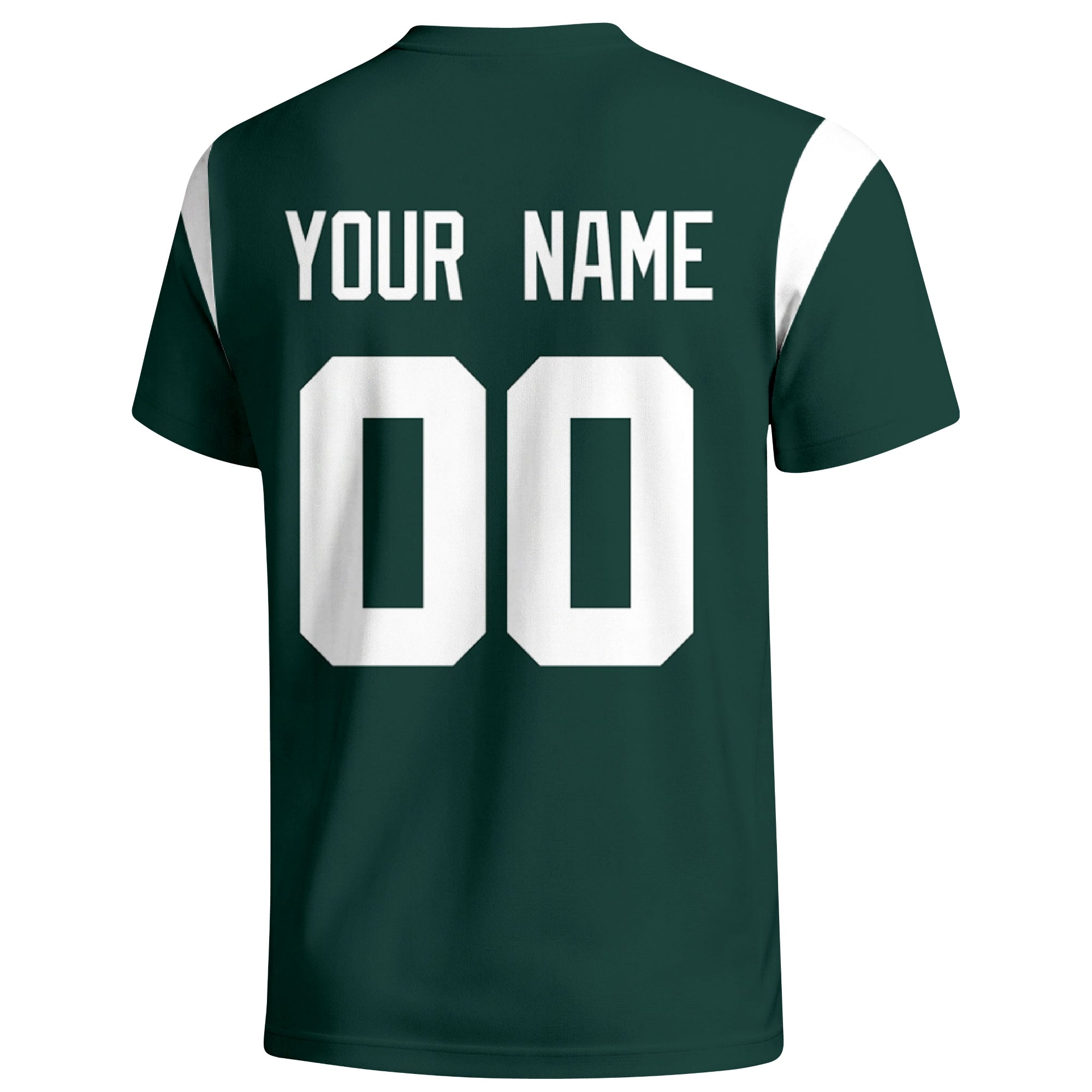 New York Green personalized varsity football T shirt in Green showing the back custom name and number