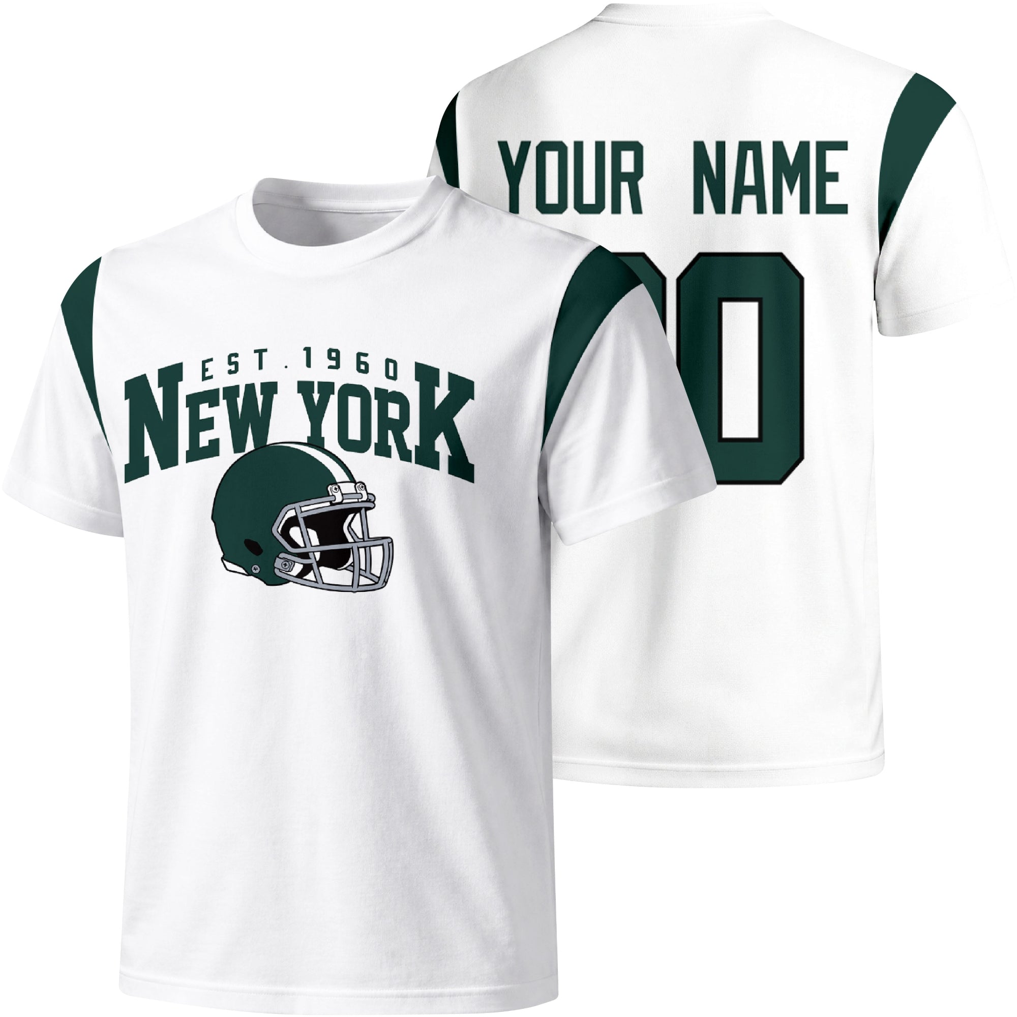 New York Green personalized varsity football T shirt in White showing front helmet design and back custom name and number